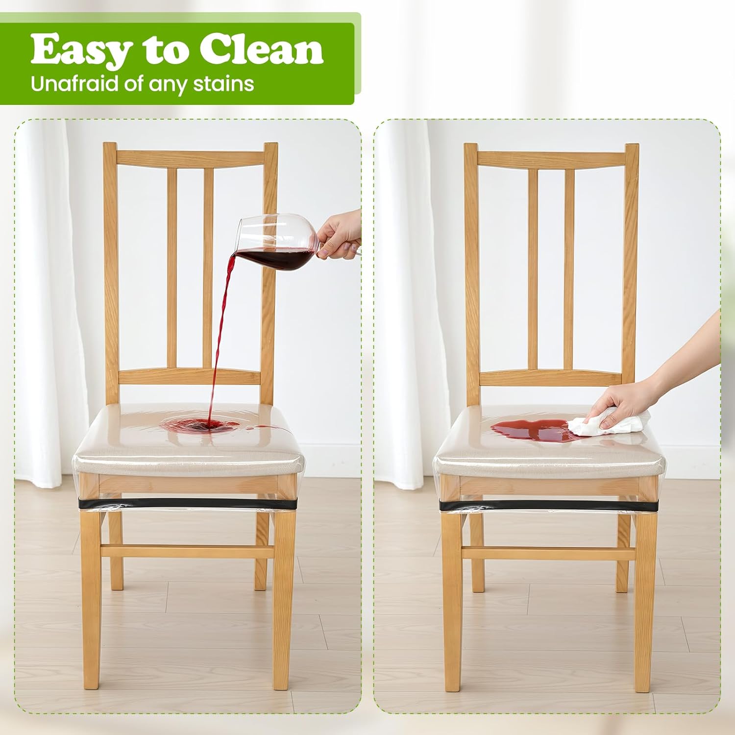 Clear Plastic Chair Covers, Plastic Seat Covers for Dining Chairs, Set of 6, Waterproof Chair Seat Protector with Adjustable Strap for Cats, Kids, Kitchen Room Table
