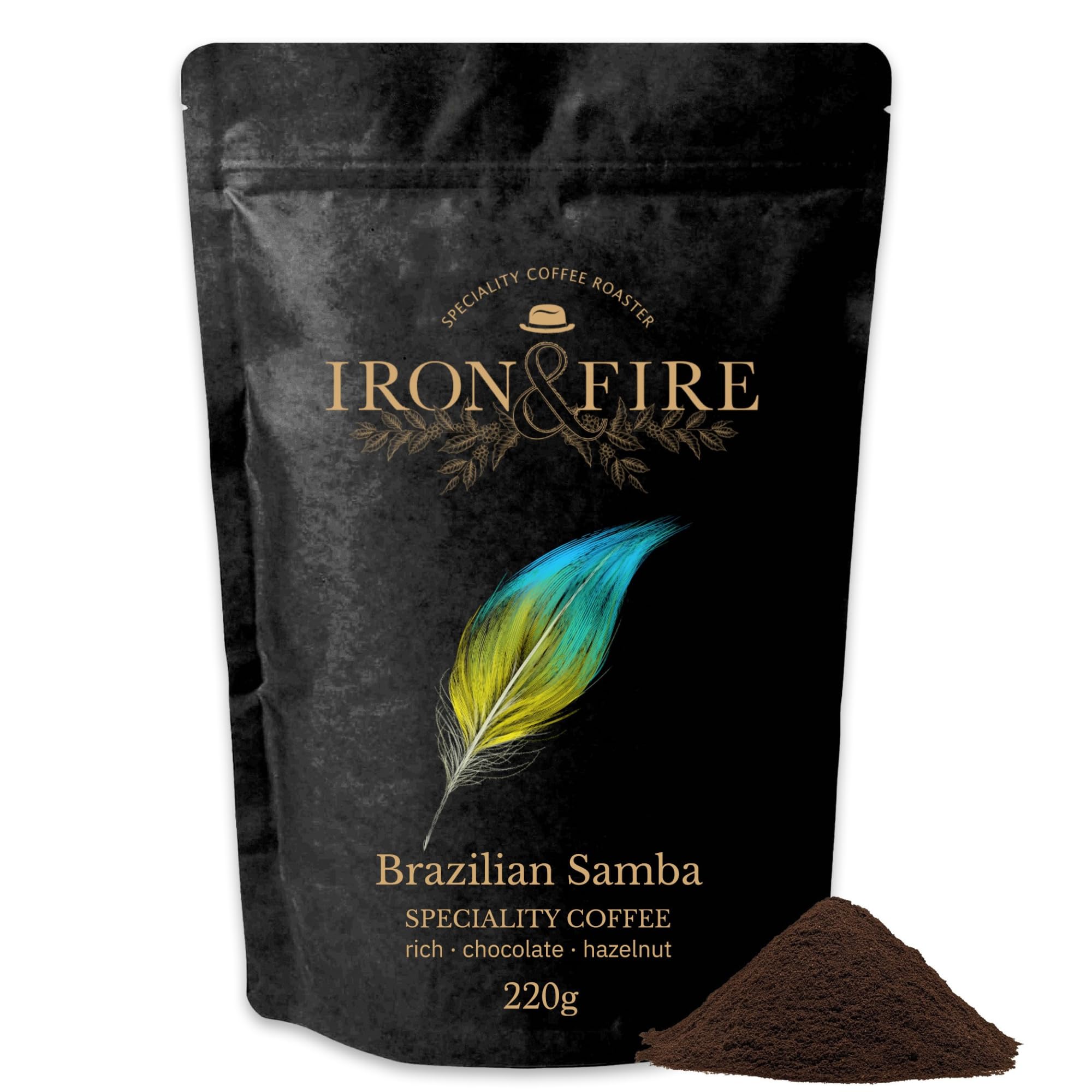 Brazilian Samba Espresso Grind 220g – Award-Winning Nutty Coffee, Rich Hazelnut & Chocolate Notes, Medium-Dark Roast, Perfect for Espresso Machines – IRON & FIRE