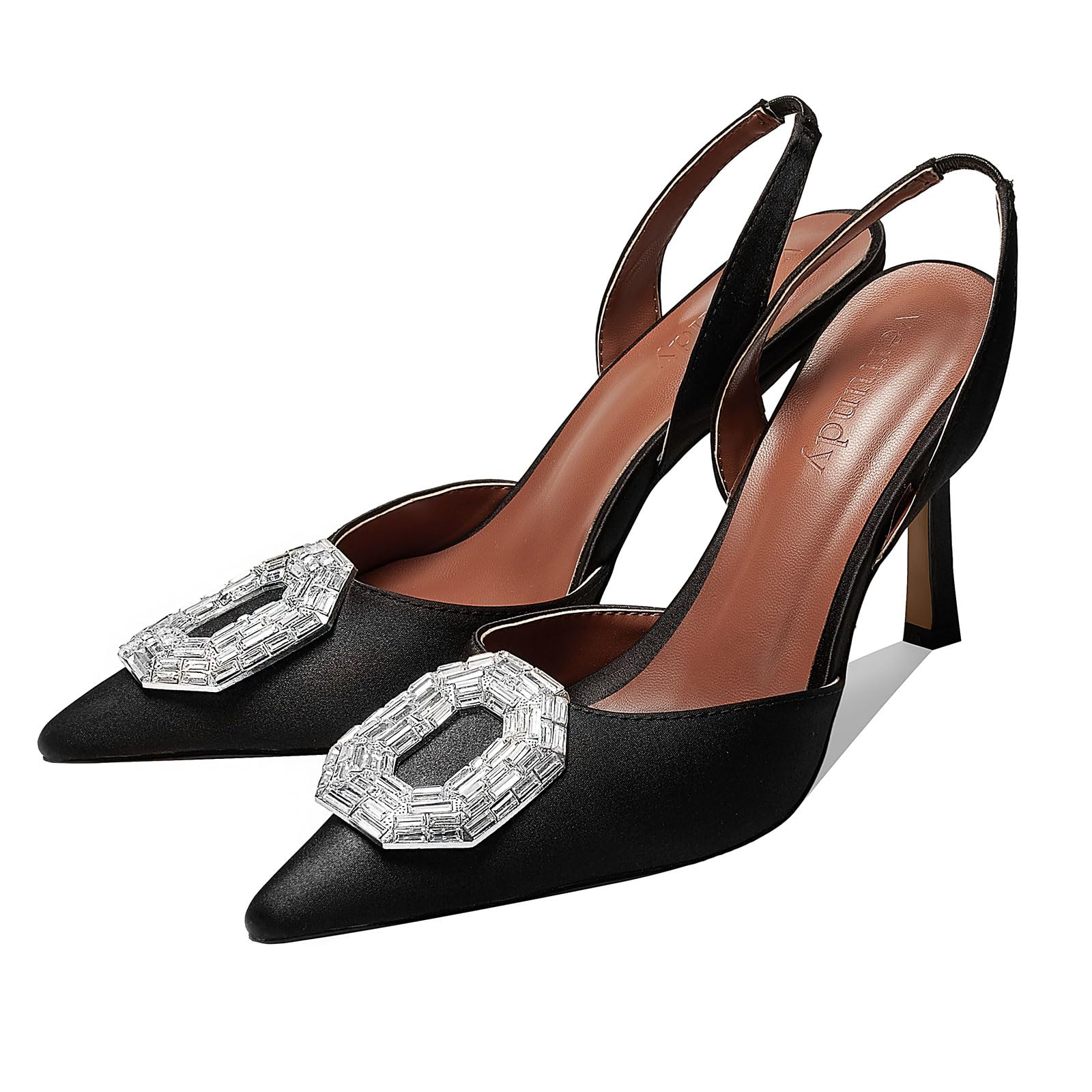 Women's Rhinestone Slingback Pumps Pointed Toe Satin Crystal Stiletto High Heels Sandals Party Wedding Bride Pump Dress Shoes