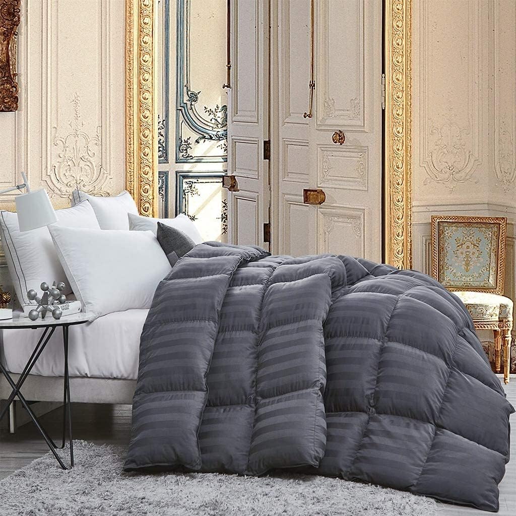 Luxurious Goose Down Comforter Duvet Insert, California King Gray Stripe Design, 1200 Thread Count 100% Egyptian Cotton, 750+ Fill Power, 65 oz Fill Weight