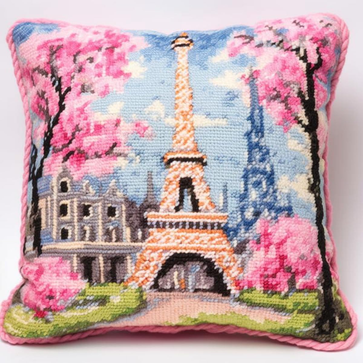Kit Fai Da Te Creativo Adulti Torre Eiffel E Fiori Fai Da Te Tiro Copertura Del Cuscino，Fodera Del Cuscino Del Divano Con Tela Di Canapa Stampata Per I Principianti Bambini Adulti 17X17In B