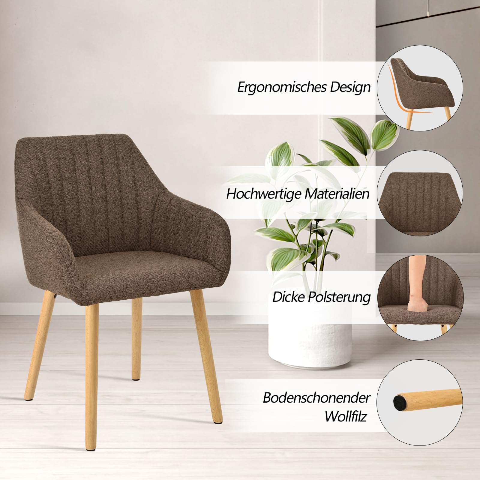 Sedie da pranzo beige con gambe in legno con bracciolo, set da 6 pezzi, per sala da pranzo, cucina, con braccioli in poliestere, per sala da pranzo, cucina, marrone