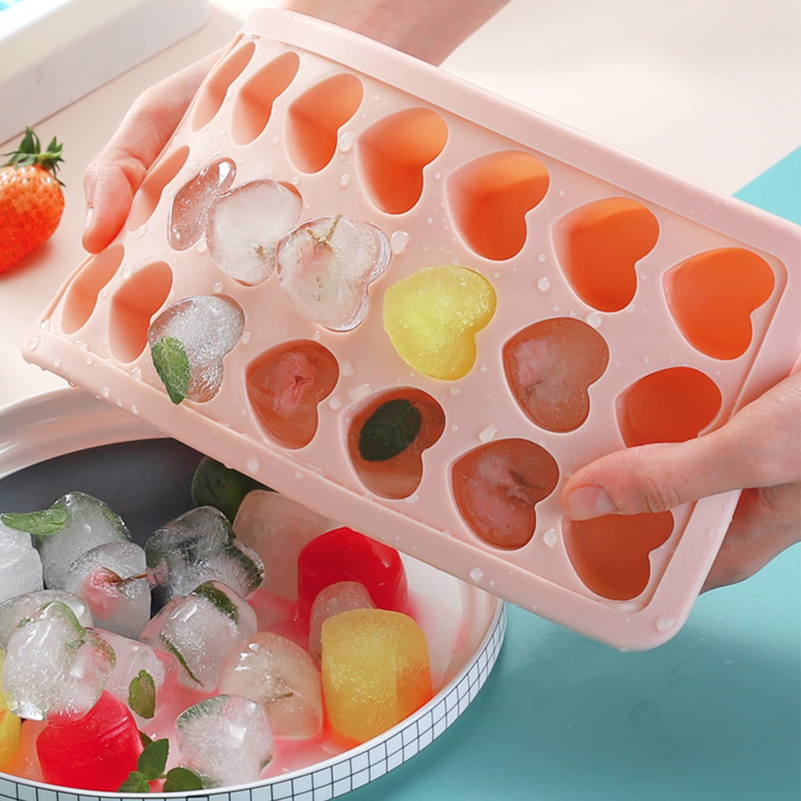 Silikon-Eiswürfelform mit Deckel, leicht abnehmbare 21-Würfel-Form, BPA-frei, stapelbar, weich und wiederverwendbar (Rosa)