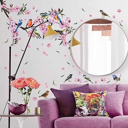 Miniatura 5 de Timelesslong Calcomanías de pared de flores para sala de estar, dormitorio, calcomanías de pared de vinilo con pájaros extraíbles, murales de pared