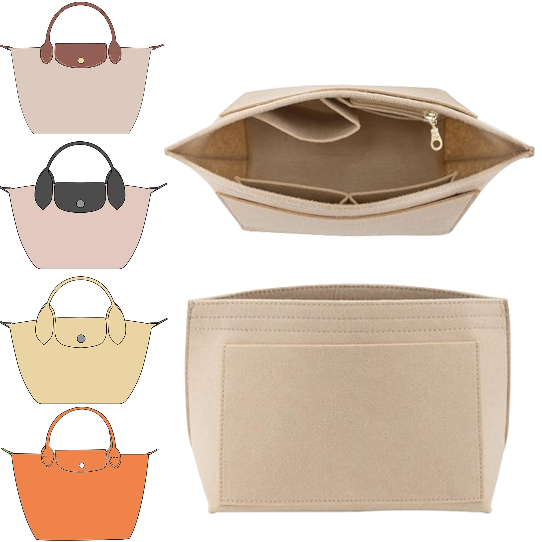 DoxoPurse Organizer Insert for Handbags,Felt with Multiple Pockets,Suitable for Longchamp Le Pliage Small Tote Bags (S,Beige)