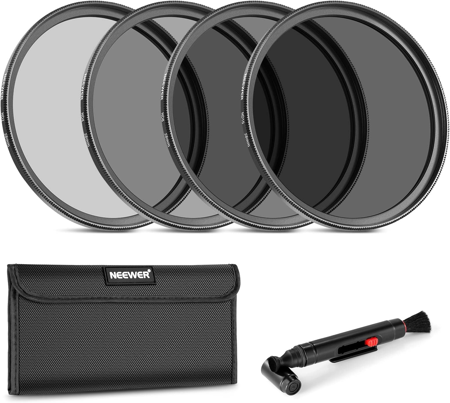 NEEWER Fixed ND Filter Kit 58mm ND2 ND4 ND8 ND16 Neutral Density Filter and Accessory Kit, Lens Pen, Filter Pouch Included