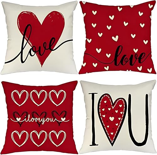 Juego de 4 fundas de almohada para el día de San Valentín 18 x 18 pulgadas flecha de corazón aniversario boda decoración para sofá A