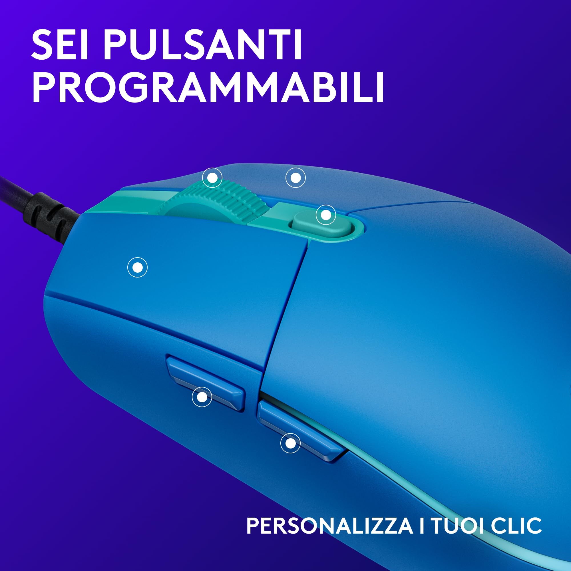 Logitech G G203 LIGHTSYNC Mouse Gaming con Illuminazione RGB, Personalizzabile, 6 Pulsanti Programmabili, Sensore per Gaming, Tracciamento a 8000 DPI, Peso Ridotto - Blu