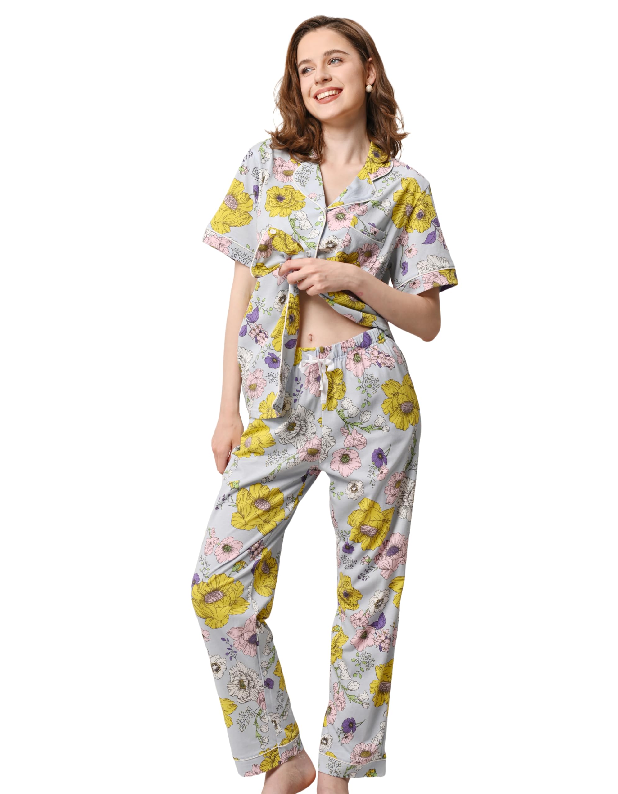 NAP BOUND 100% Cotton Women's Pajama Sets Short Sleeve Button Down Soft Pjs 2 Piece Lounge Set with Pocket Nightwear XS-XXL