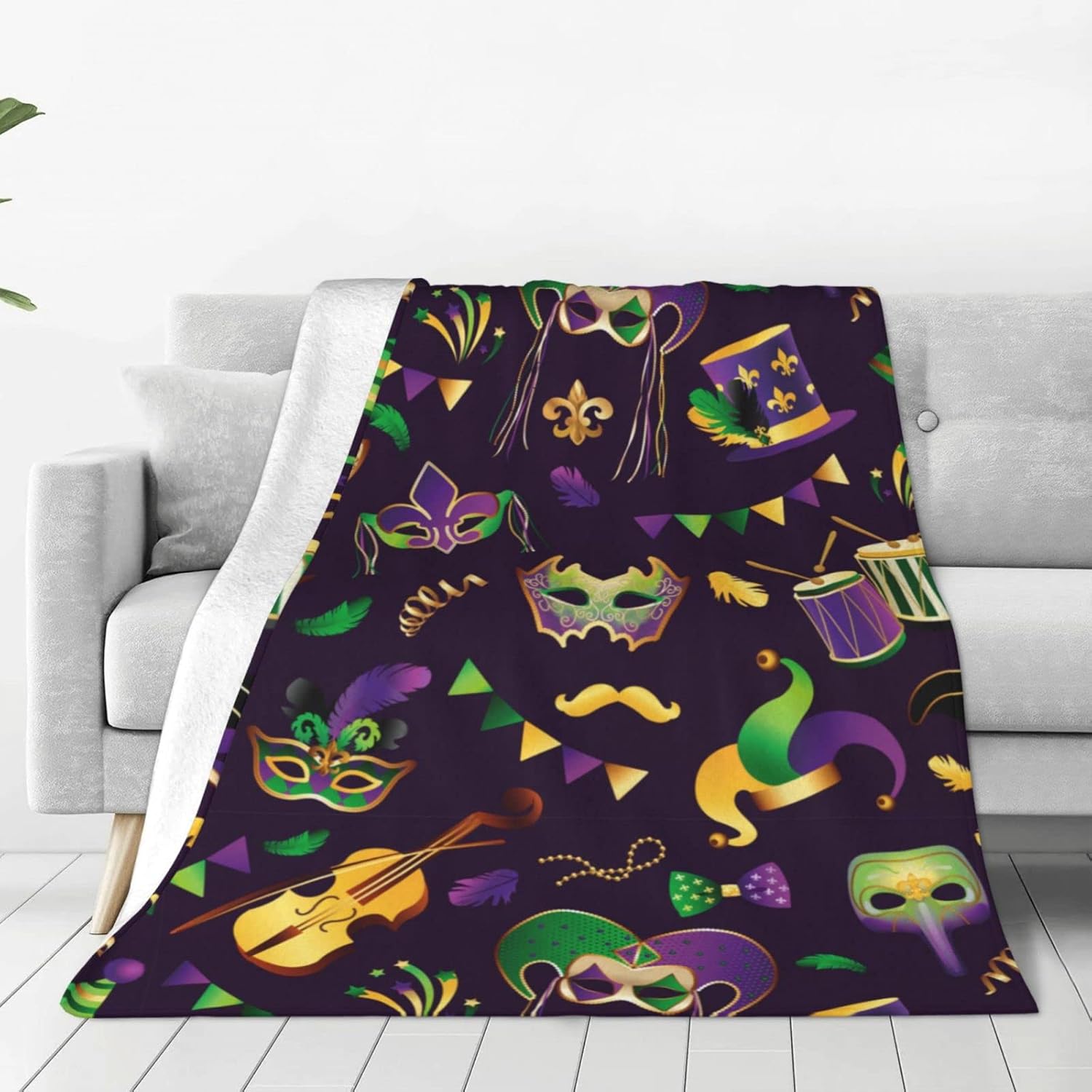 Purple Golden Mardi Gras Throw Blanket, Soft Lightweight