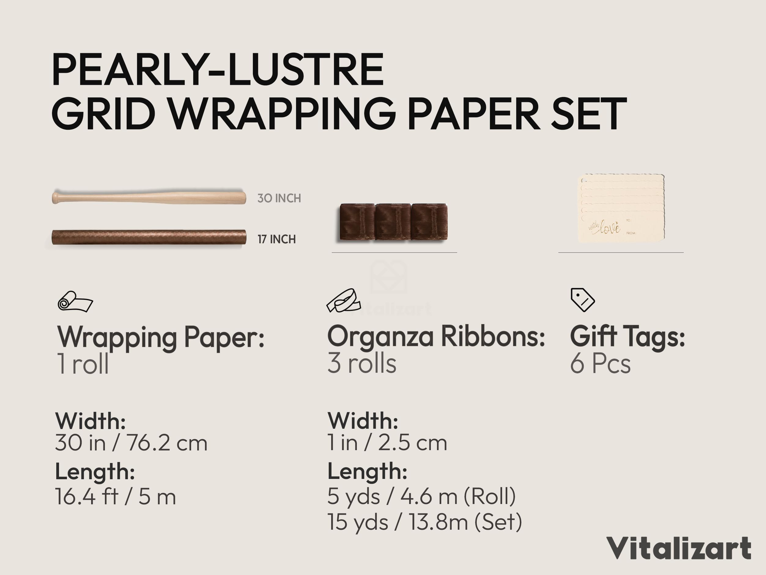 Vitalizart Lot de papier cadeau en treillis métallique marron 76 cm x 5 m avec ruban en organza blanc et étiquettes cadeaux, emballage cadeau pour Noël, anniversaire, fête prénatale, bouquets de