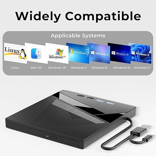 Miniatura 6 de Unidad de DVD externa, unidad externa de CD/DVD 7 en 1 para portátil, grabadora de DVD USB con puerto SD/TF, USB 3.0 y Tipo-C CD ROM Unidad externa