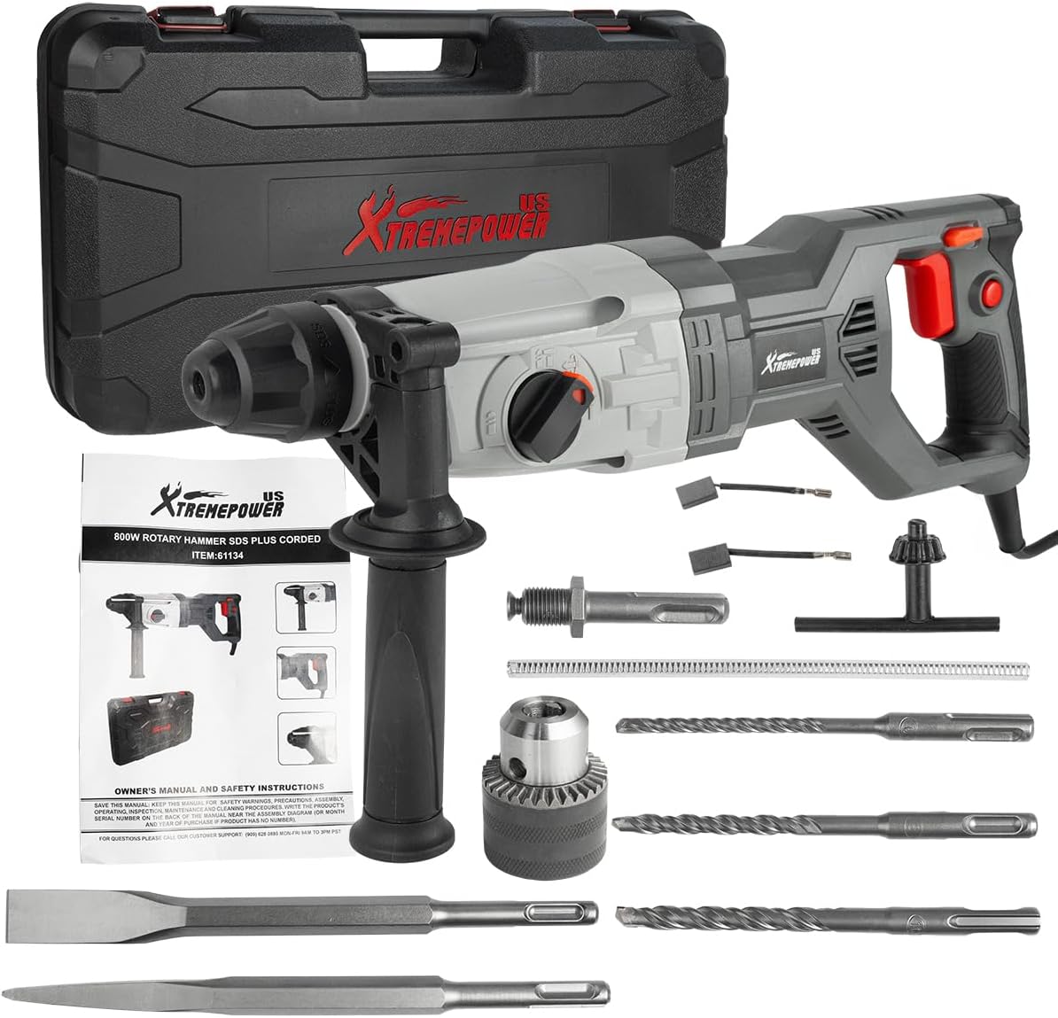XtremepowerUS 800W SDS-Plus Electric Rotary Hammer Drill Demolition Chiseling & Drilling Bits Set 4 Functions Corded Variable Speed for Concrete, Includes 3 Drill Bits, 2 Chisels, Case