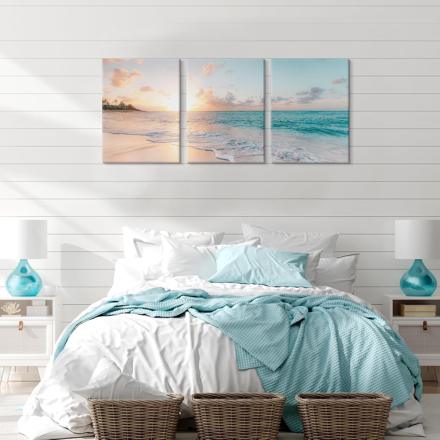 Goldfoilart 3 Pieces Beach Wall Art Sunset Bathroom Canvas Pictures Ocean Wall Decor Waves Prints Paintings for Living Room Bedroom Decorations Ready to Hang 12"x16" x 3pcs