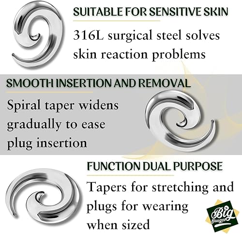 Miniatura 3 de Par de expansores de acero quirúrgico 316L en espiral, expansor hueco de joyería para piercing, tapones para los oídos, pendientes de estiramiento