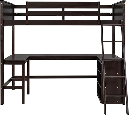 Miniatura 3 de Quarte Cama tipo loft moderna de tamaño individual con escritorio integrado y 3 estantes cama tipo loft de madera con escaleras y barandilla para