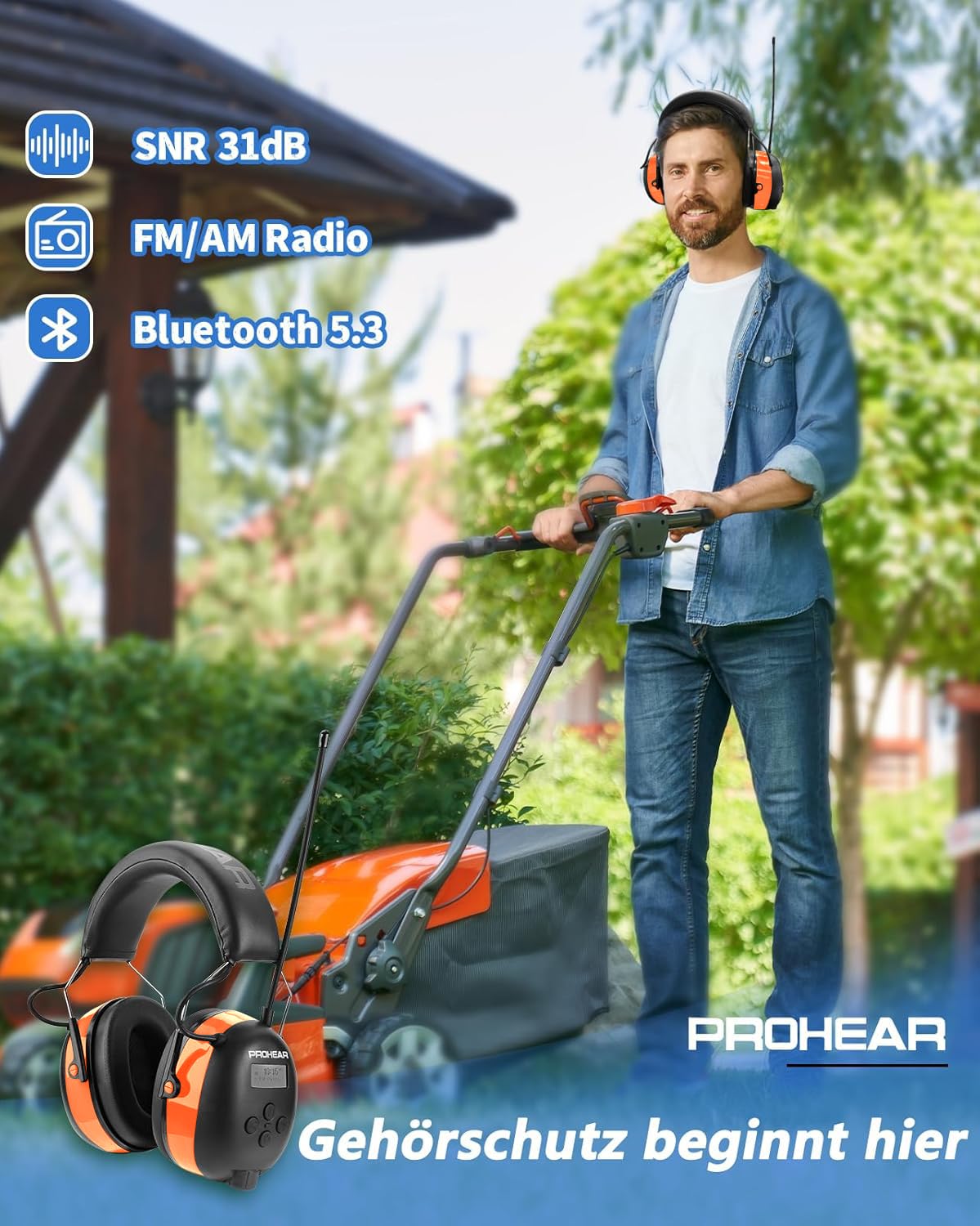 PROHEAR 033 Cascos Antiruido Bluetooth con Radio, Auriculares de Protección Auditiva FM/AM con Manos Libres, Cascos Insonorizacion para Jardín Césped Talleres Carpinteros Soldadura SNR 31dB Naranja
