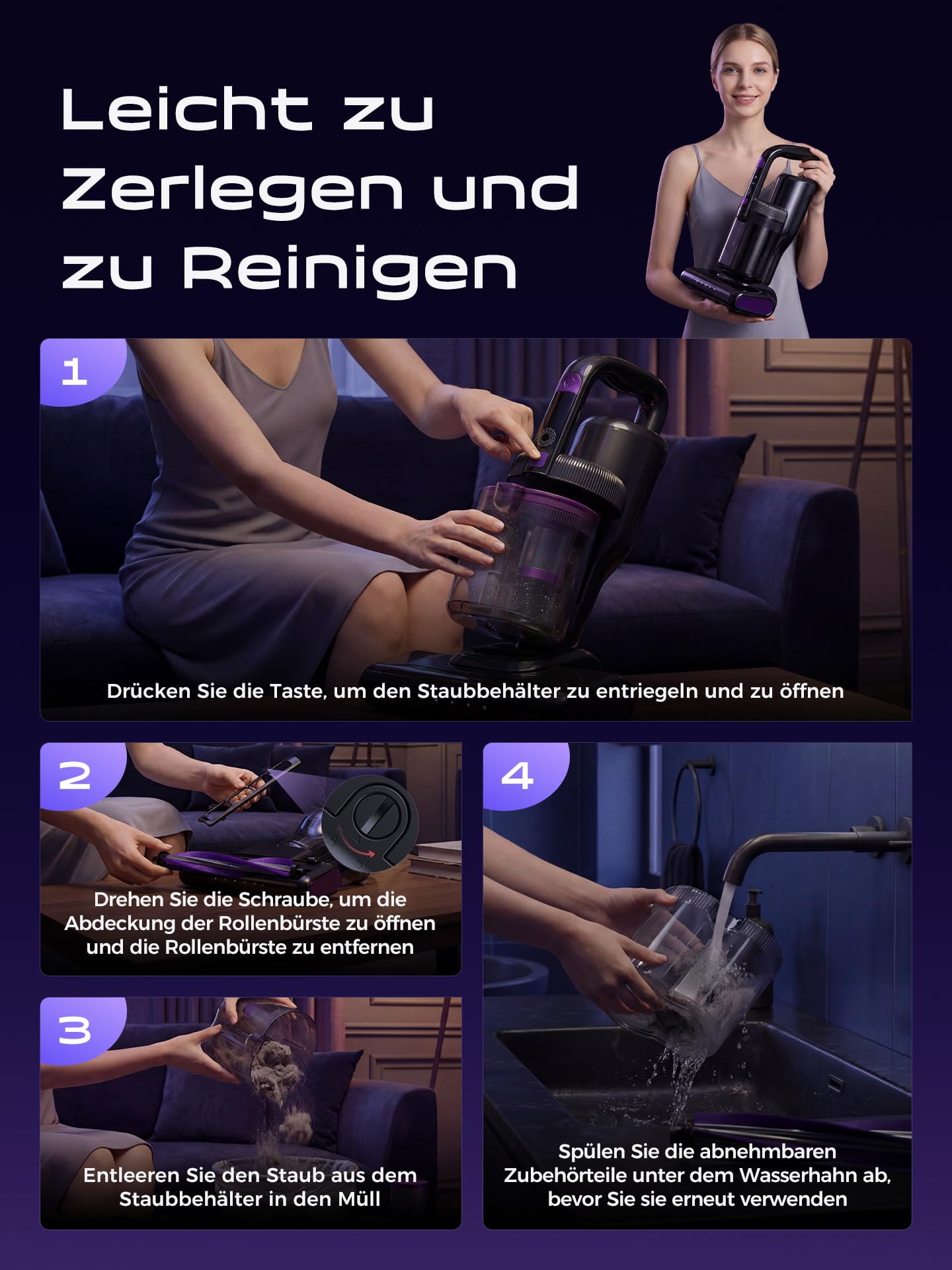 Milbensauger für Matratzen, Milbensauger mit UV-Licht & Heißluft, Matratzenreiniger mit HEPA Filter, Bürstenwalzenklopfen & Ultraschall Funktion, Für Matratzen/Sofas/Teppiche
