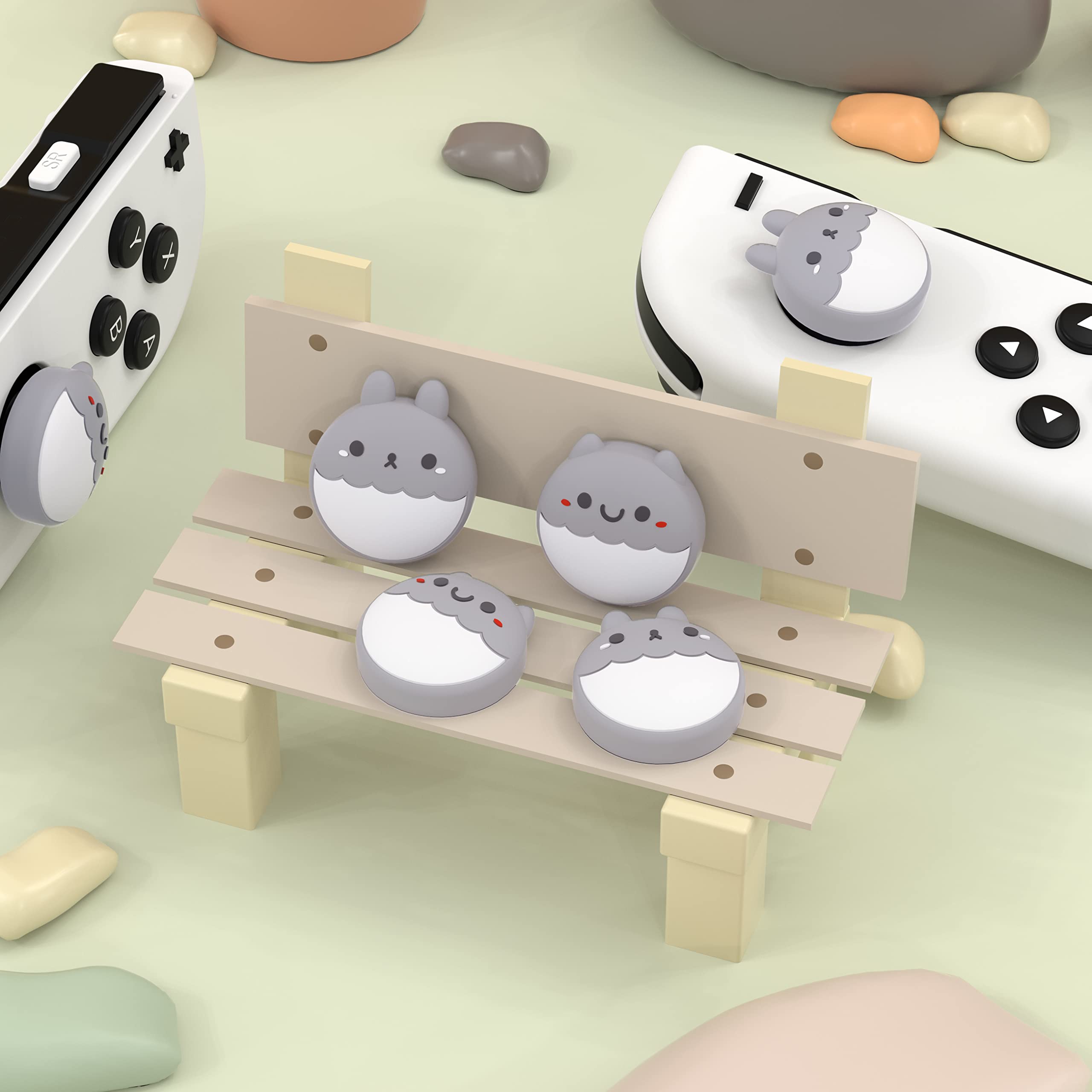 eXtremeRate PlayVital Capuchon Joystick pour Switch/OLED Joycon Cover de Stick,Thumb Grip Caps pour Nintendo Switch Lite,Prise de Pouce-Gris Clair,Lapin&Écureuil - 4