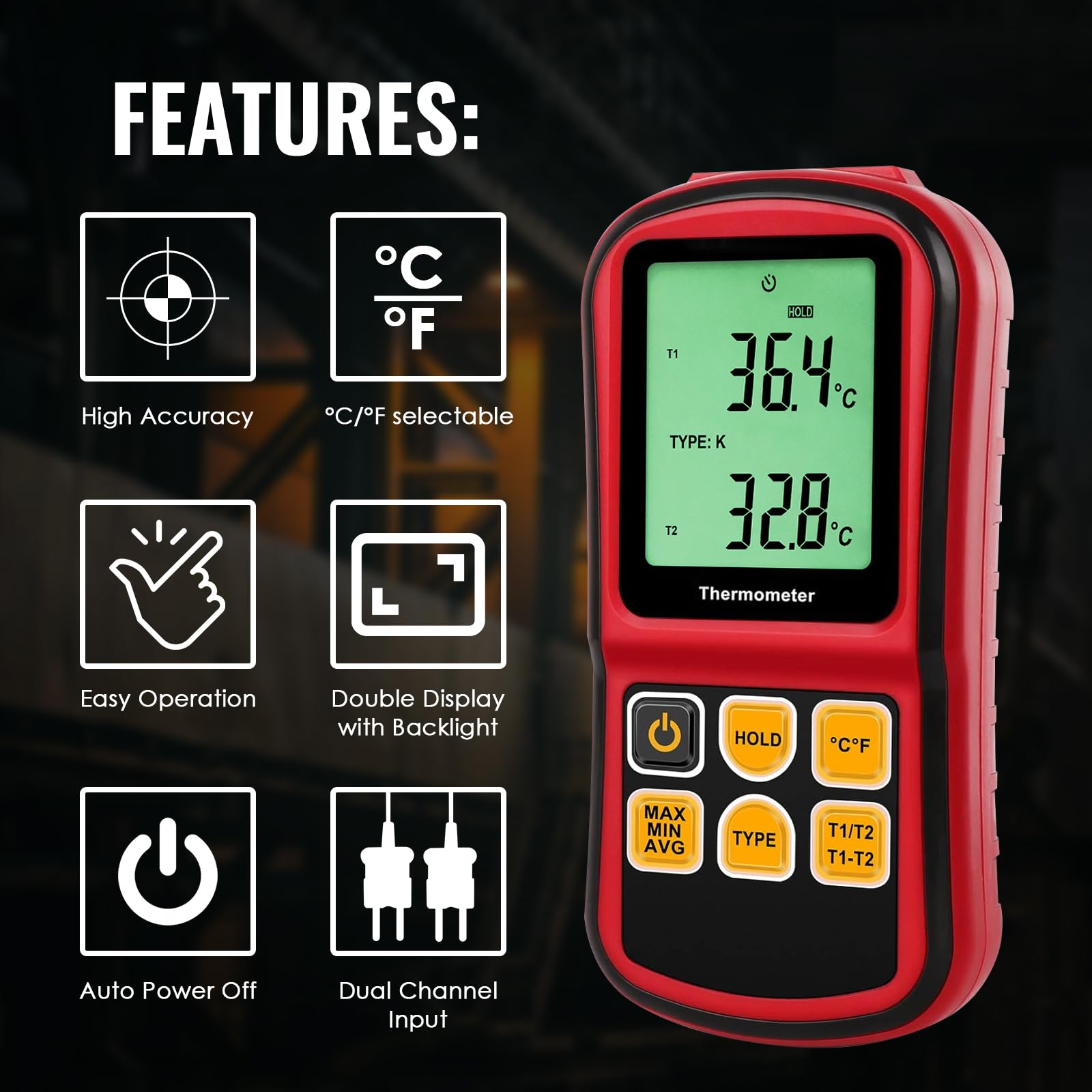 Termometro a termocoppia a doppio canale Tipo K/J/T/E/R/S/N -150~1767 °C Misuratore di temperatura digitale Retroilluminazione 2 sonde