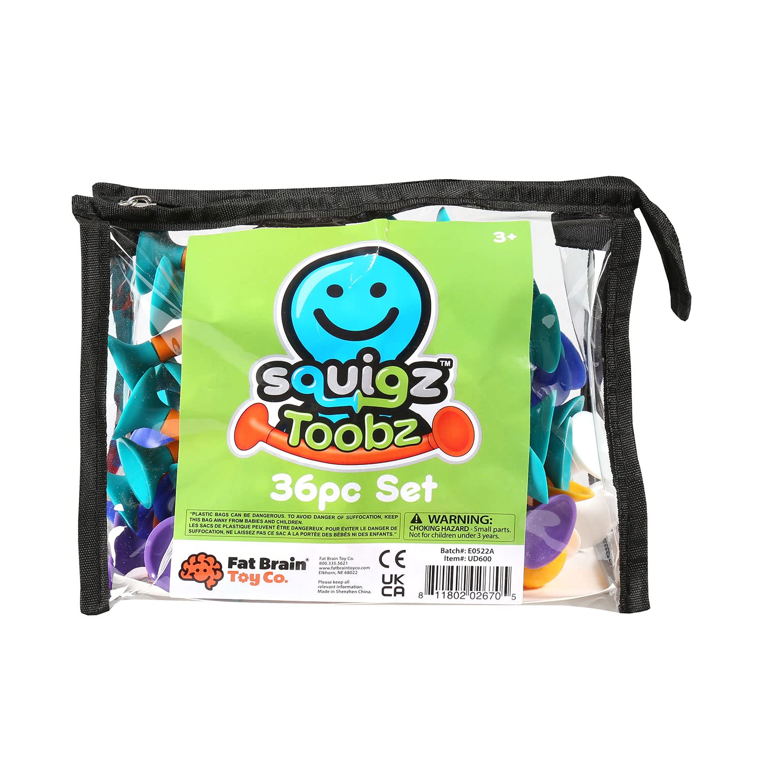 View 1 of Fat Brain Toys Squigz Toobz Set - 36 Piece Fidget Tubes Suction Cup Toys, BPA Free Silicone Sensory Toys for Girls and Boys - Includes Zippered Storage Bag