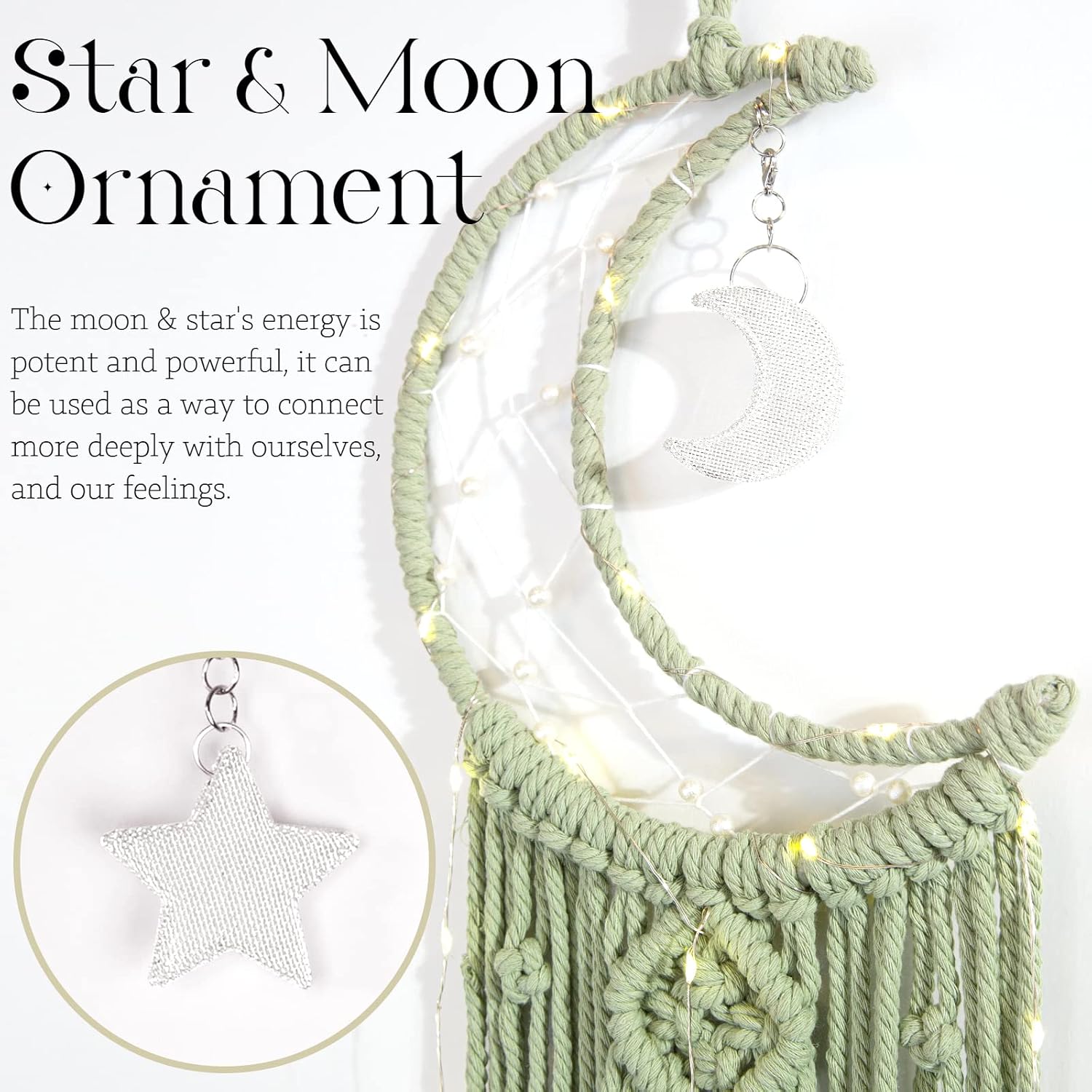 Boho Macrame Wall Hanging, Crochet Moon Star Dream Catcher with Light image 2