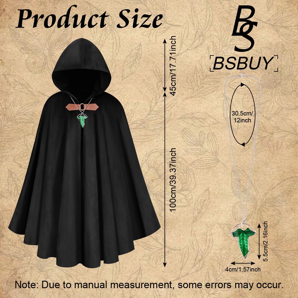 BSBUY Medieval Costume Cloak with Hood Men Renaissance Hooded Coat Vintage Gothic Witch Wizard Robe Hooded Cape with Green Leaf Brooch Necklace for Halloween World Book Day Fancy Dress Costume(Black) - Image 2