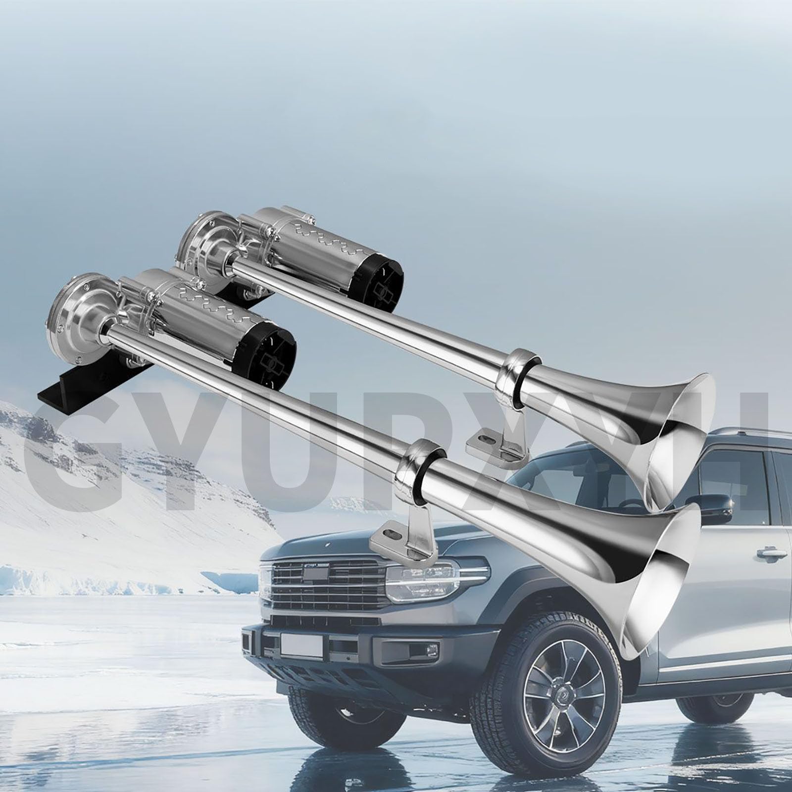 Trompette Tracteur 12v avec Compresseur Double Trompe en Zinc Chromé 150dB avec Relais et Bouton pour Camion, Voiture, Train, Bateau, SUV (Chromé)