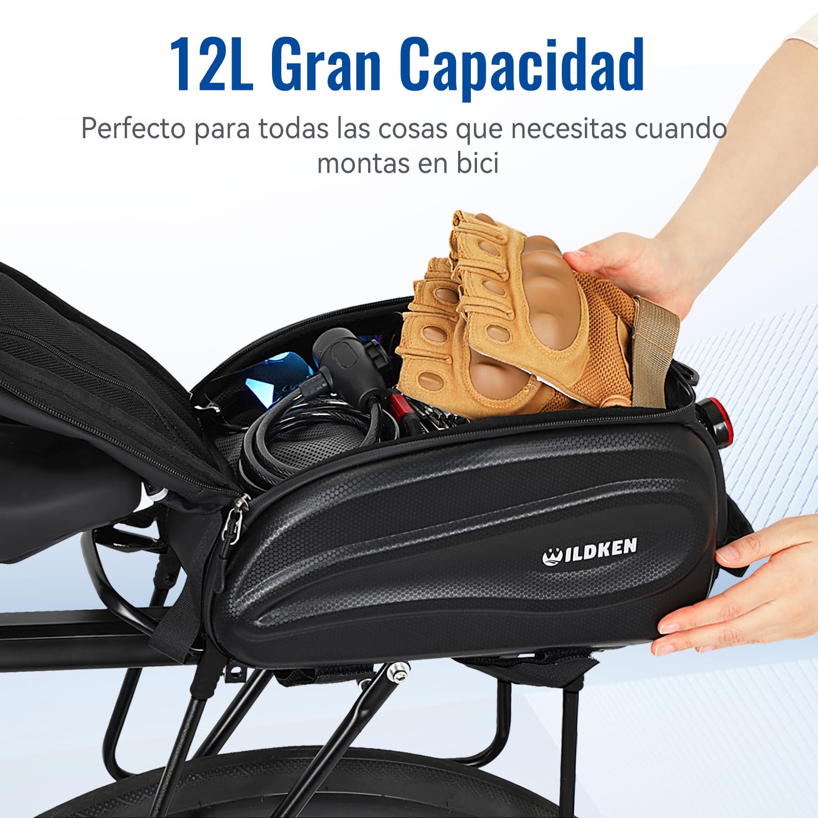 WILDKEN 12L Bolsa Bicicleta para Portaequipajes, EVA Reflectantes Alforjas Bicicleta Impermeable, con Asa y Correa Negro Bolsa para Bicicletas, Bolsa Trasera Bicicletas para Bicicletas MTB Carretera