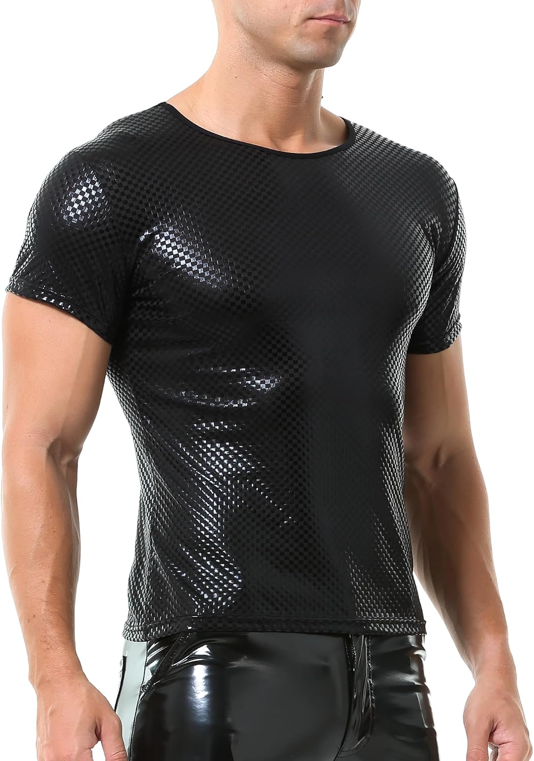 DTODWW Mens Wet Look Undershirt Faux Leather Zipper Shirts Shiny Short Sleeve T-Shirts Slim Fit Muscle Tops Casual Clubwear