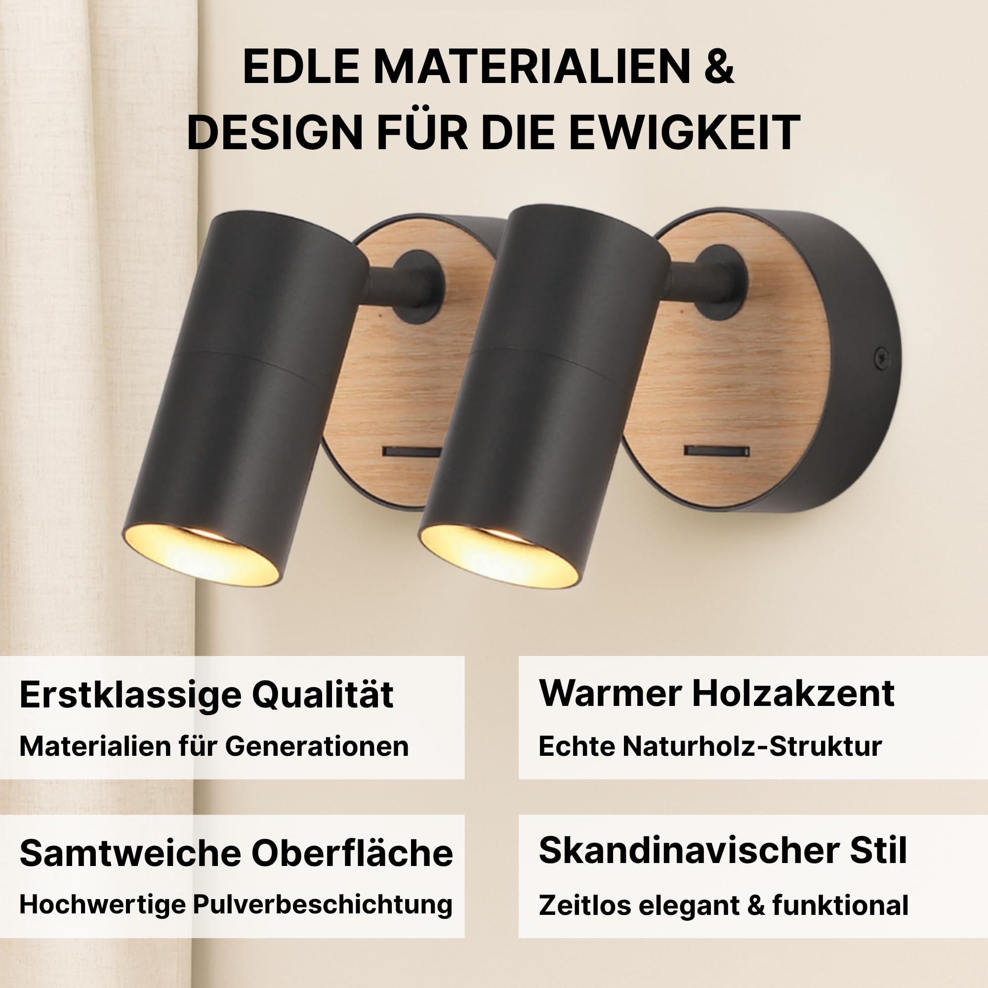 2er Set verstellbare schwarze Aluminium-Wandlampen mit Holz GU10 Wandspot Leselampen mit Schalter Innen ohne Leuchtmittel