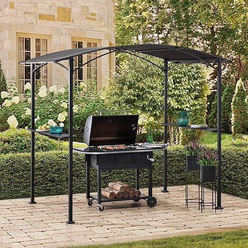 Miniatura 6 de Sunjoy Gazebo para parrilla de 5 x 8 pies, marco de acero negro, cenador superior suave con toldo de arco con estantes para actividades al aire