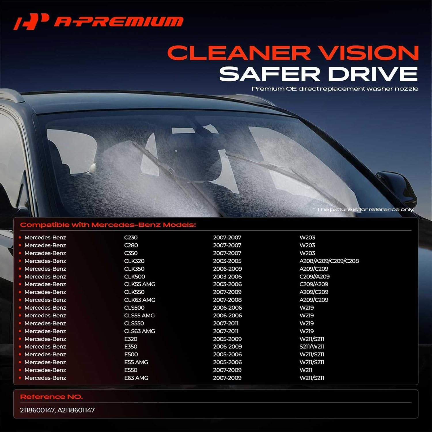 A-Premium Front Windshield Wiper Nozzle Compatible with Mercedes-Benz C350, C280, C230, E350, E320, E500, E55 AMG, E63 AMG, CLS550, CLS63 AMG, CLS500, Spray Jet Heating, Set of 2, Replace# 2118600147
