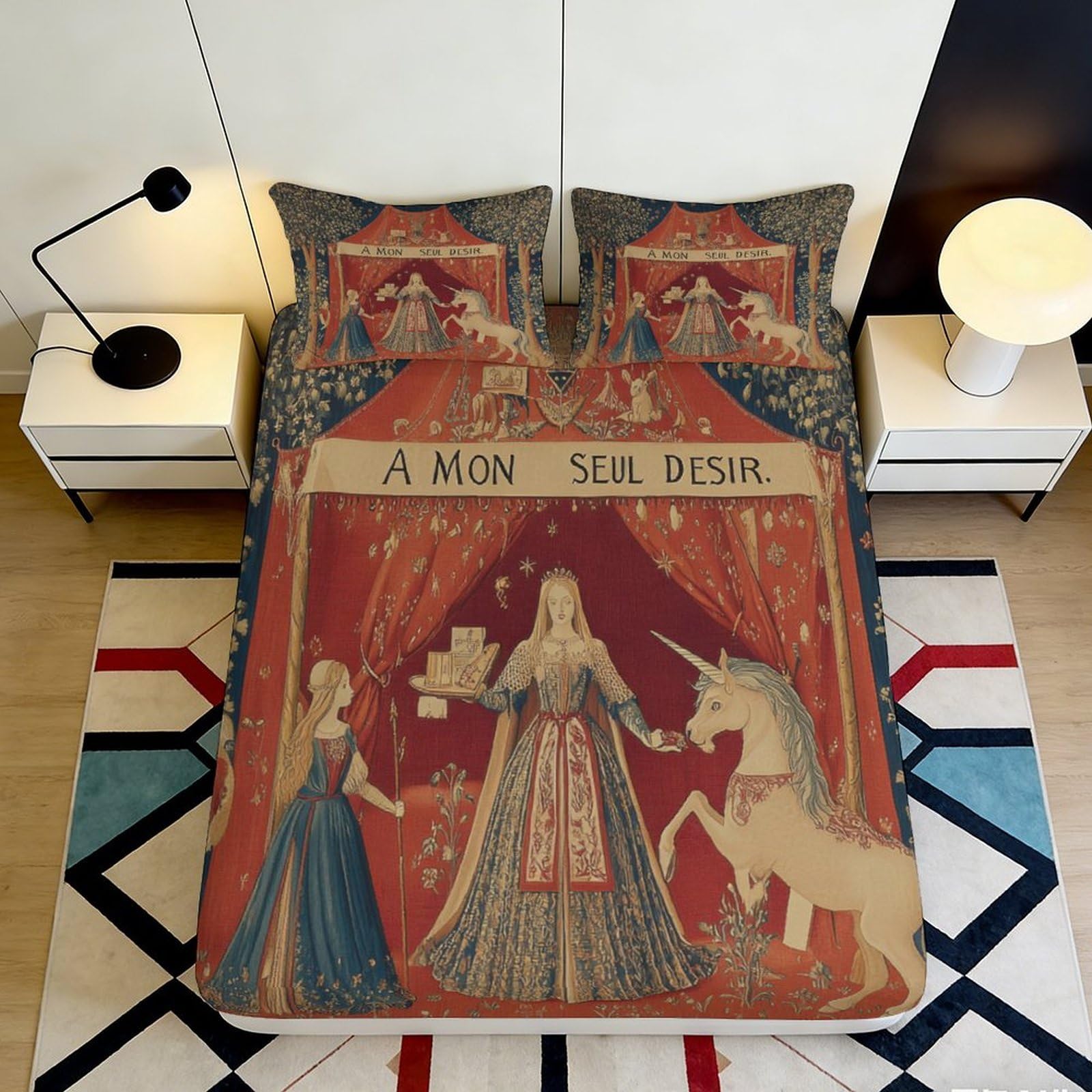 3D Printed Medieval Tapestry Fitted Sheet Microfiber Soft Unicorn Lady Mattress Cover Red Blue Decor for Bedroom Guestroom 140x200x25cm
