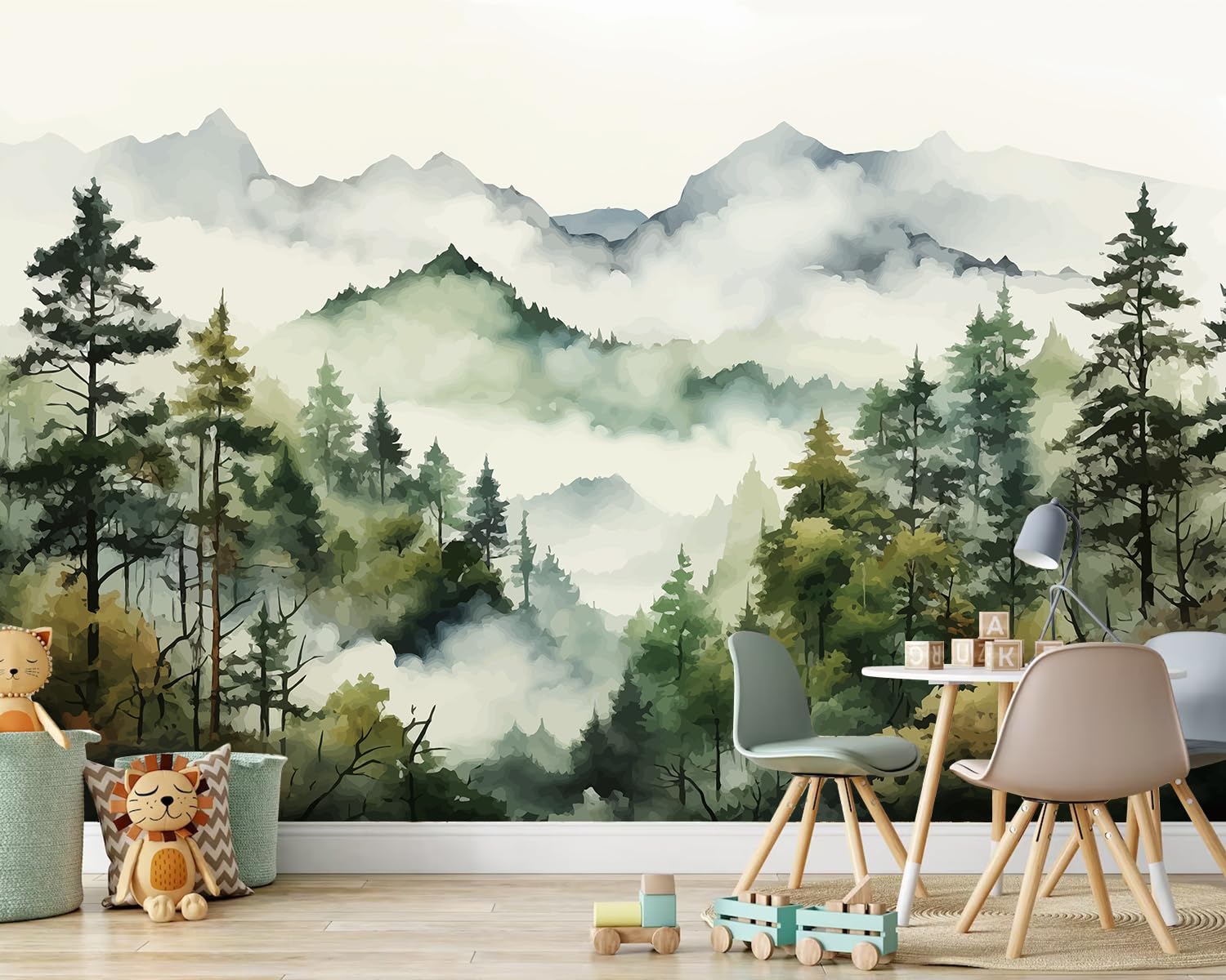 Akwarela las górski mural tapeta, mgliste drzewo atrament mural, naturalny mural, mgliste abstrakcyjne botaniczne tapety do salonu sypialni jadalni 141 x 96 (nie odklej i przyklej)