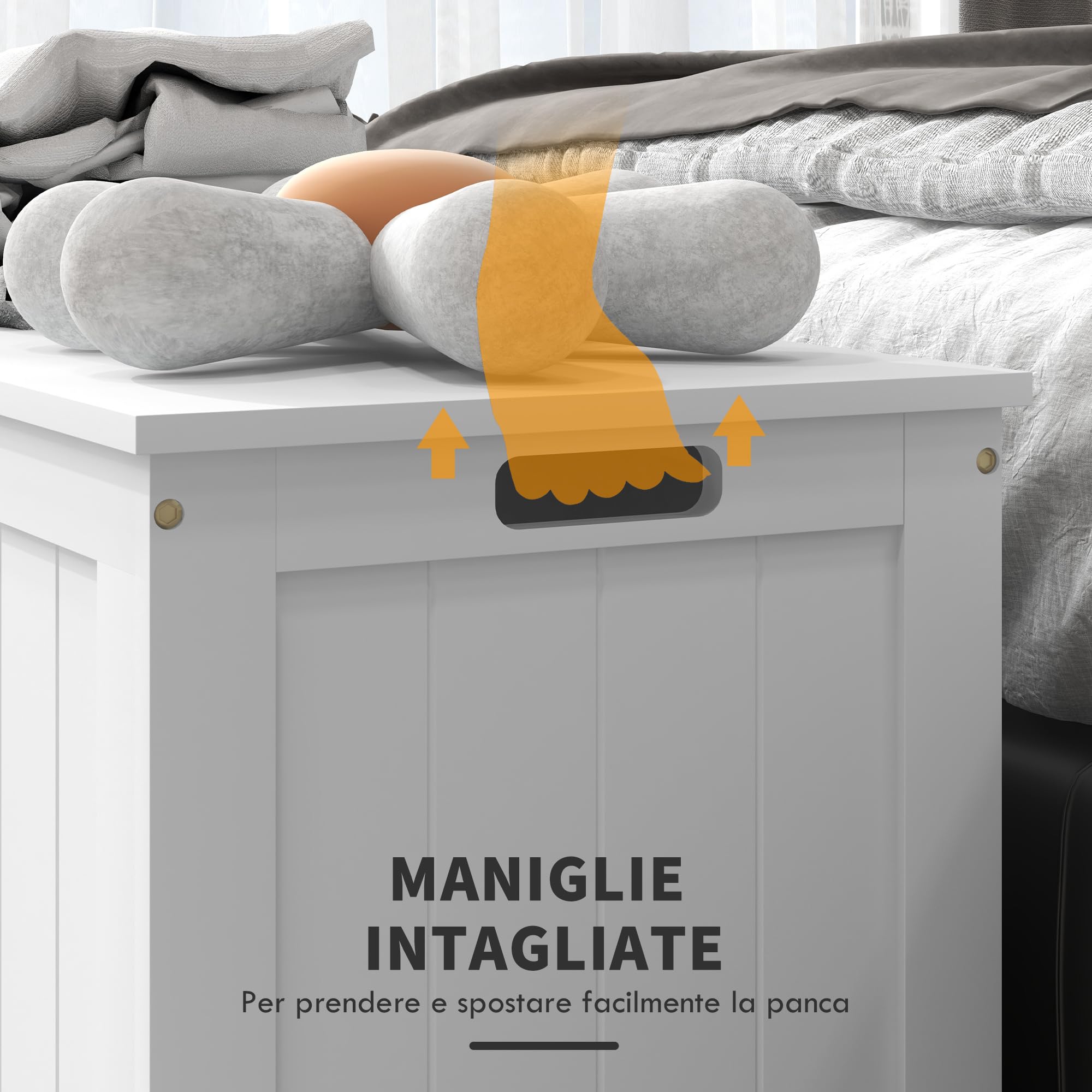 HOMCOM Panca Contenitore Multiuso in Legno MDF, 2 Maniglie e Apertura con Blocco di Sicurezza, 81x40x46cm, Bianco