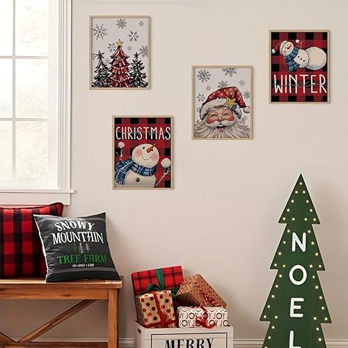 Miniatura 3 de XYDEG Conjunto de 4 Impresiones de Arte Navideño para Pared, Impresiones Navideñas, Hola Invierno Vintage Santa Navidad Muñeco de Nieve Búfalo
