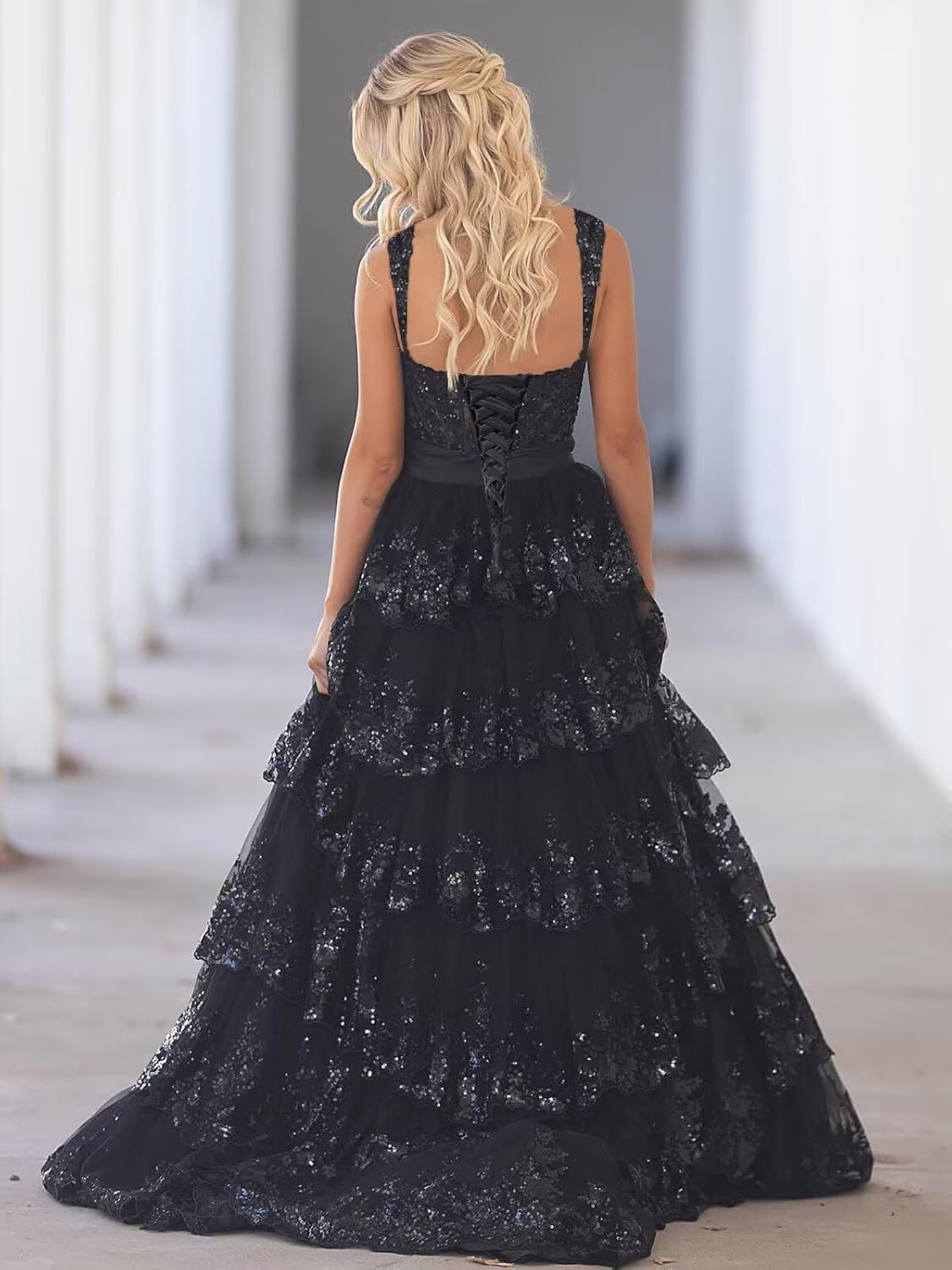 SoDigne Tiered Long Tulle Prom Dress for Women Bow Backless Lace Applique Formal Evening Gown with Slit