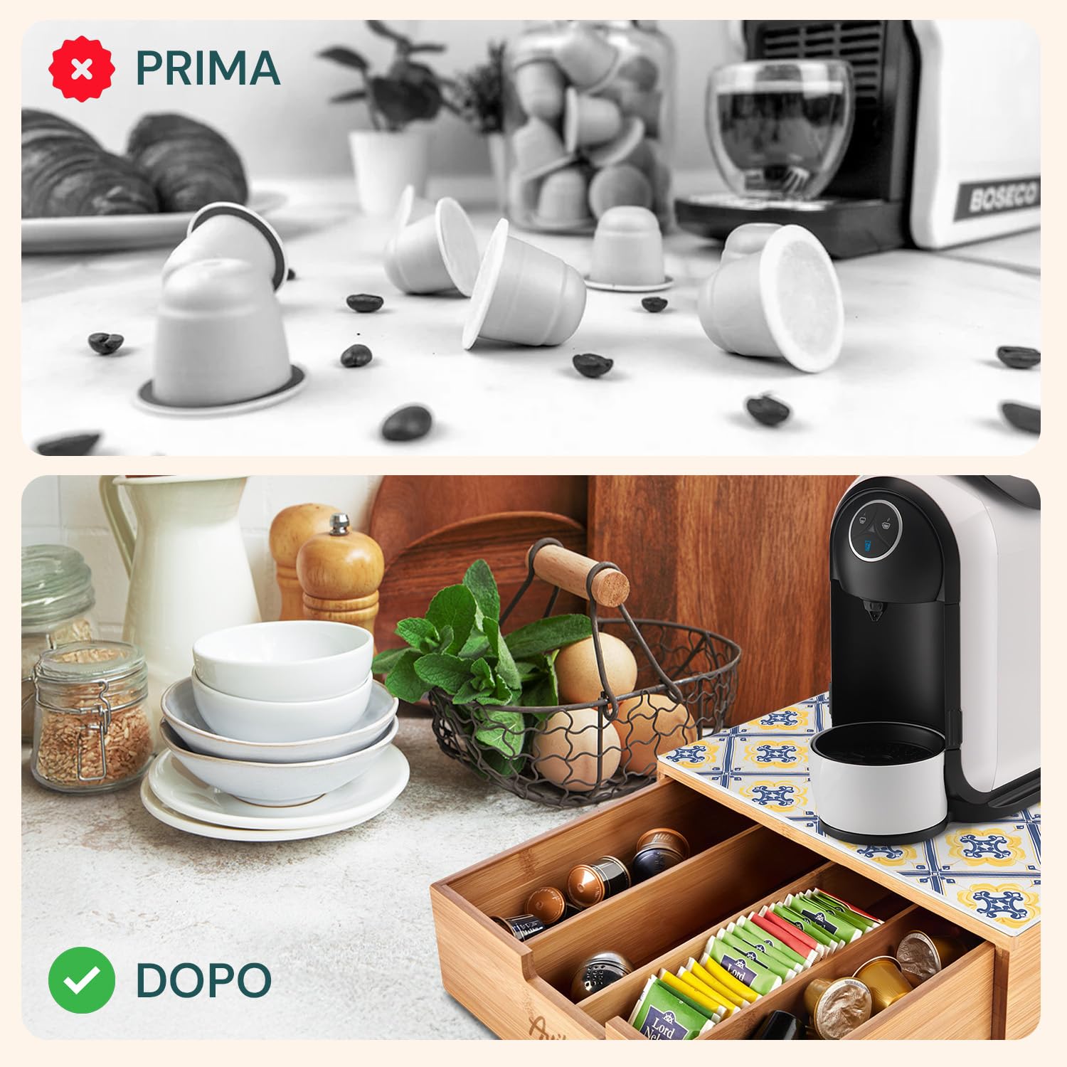 Avilia - Porta Cialde Caffè e Porta Capsule in Bambù con Ripiano in Vetro Maioliche di Sorrento, Organizer per Angolo Caffè e Tè 30x30x10cm, Elegante e Compatto per Casa e Ufficio