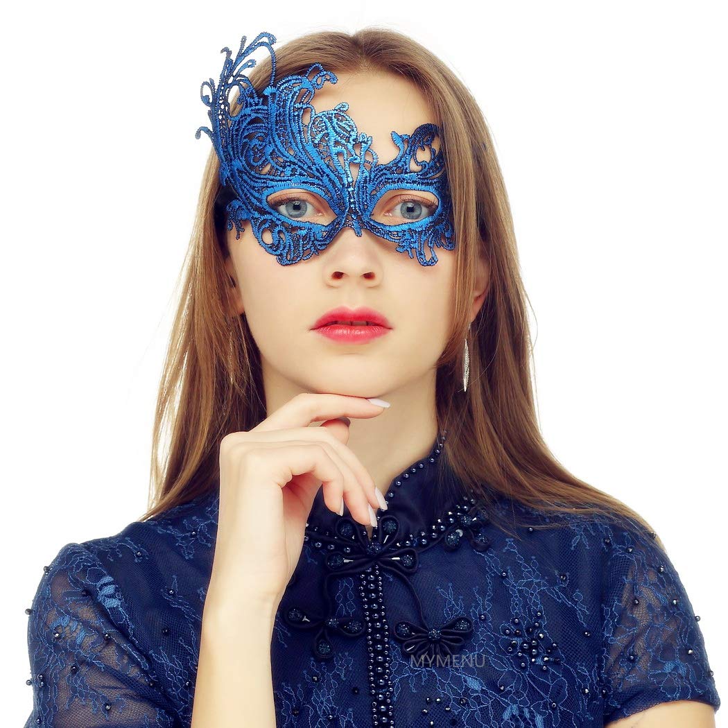 Masque vénitien en dentelle pour femme loup bleu bal masqué MYMENU