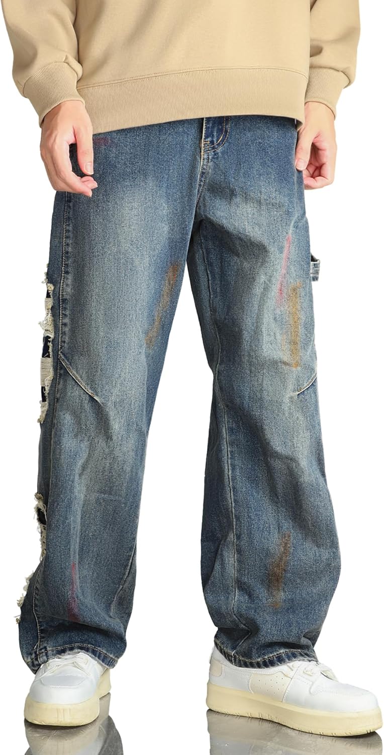 Barrel Baggy Jeans for Men y2k Mens Jeans Relaxed Fit Hip Hop High Waisted Long Trousers Loose Wide Leg Denim Pants