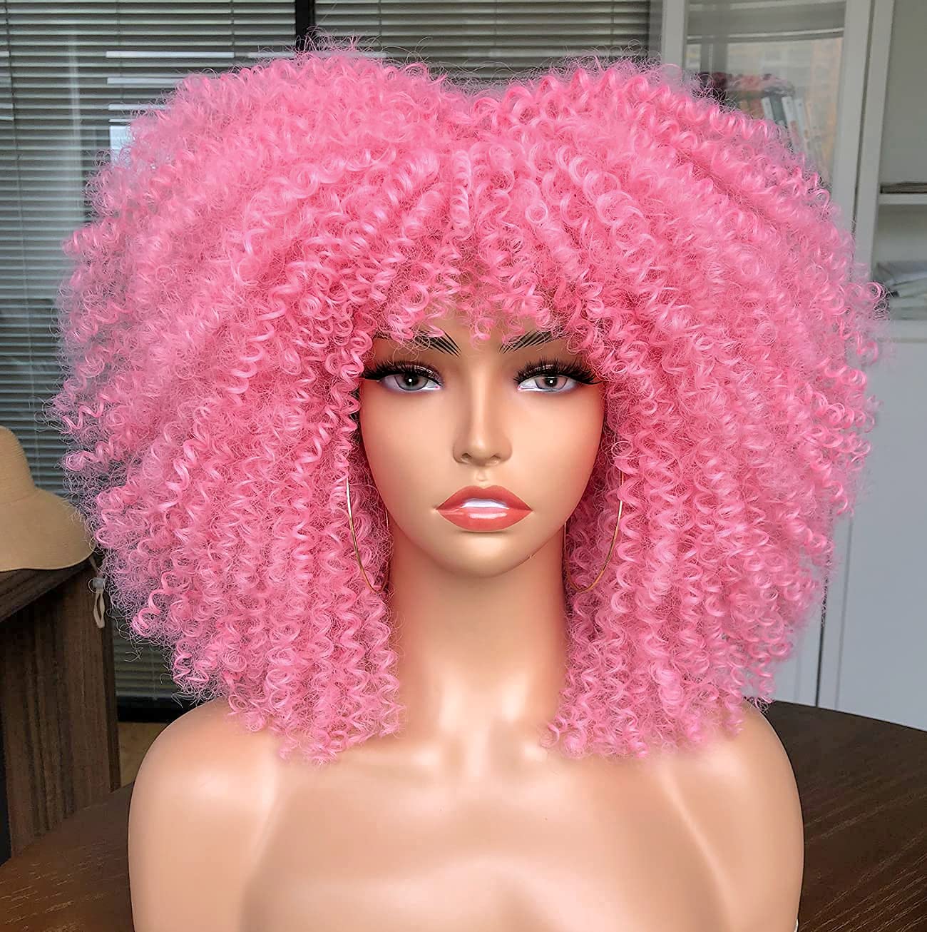 Curly Wig with Bangs for Black Women Short Kinky Curly Wig 14inch Afro Hair Halloween Party Christmas Cosplay Wigs (Pink)
