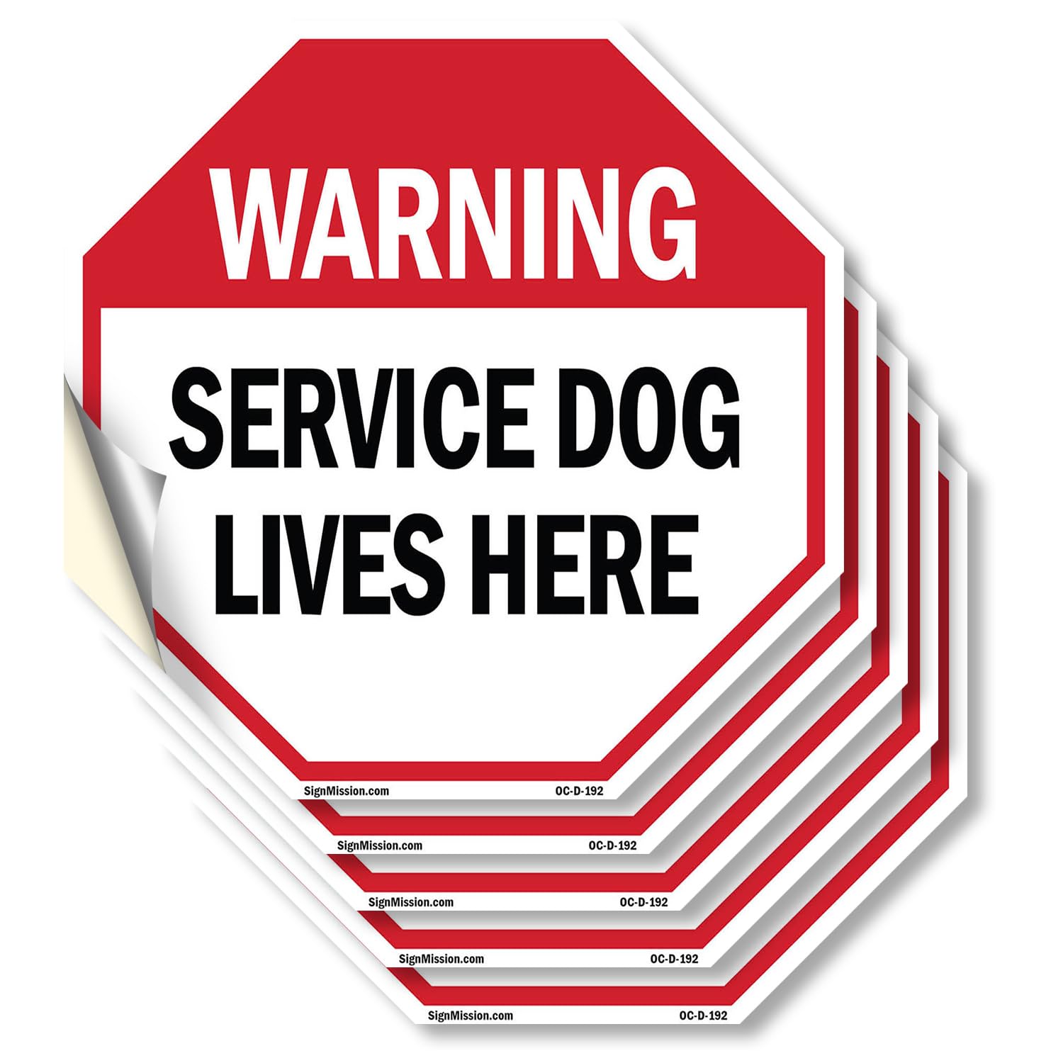 Warning Service Dog Lives Here (5 Pack) 4 inch X 4 inch Octagon Vinyl Label Decal Sticker Weather Resistant, UV Protected for Workplace, Private