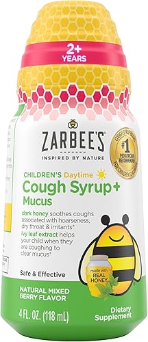 Zarbee's Tos + moco para niños de 2 a 6 años con miel oscura, hoja de hiedra, zinc y saúco, 1 recomendado por pediatra, sin drogas ni alcohol, sabor