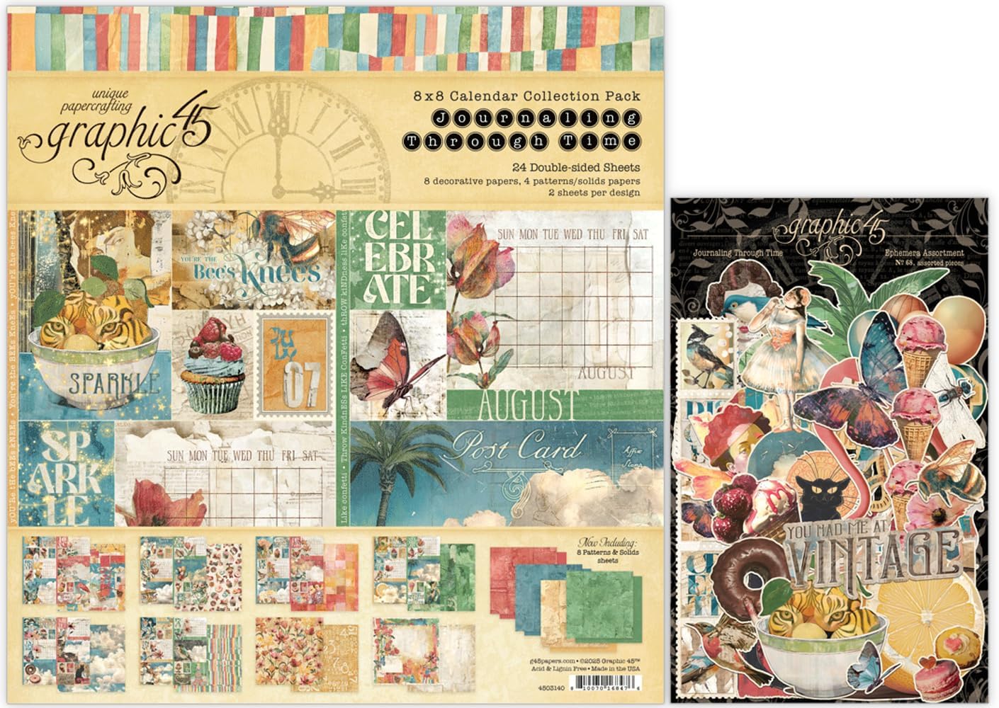 Graphic 45 Journaling Through Time Decorative Papers - 8x8 Paper Pack and Ephemera Die-Cuts