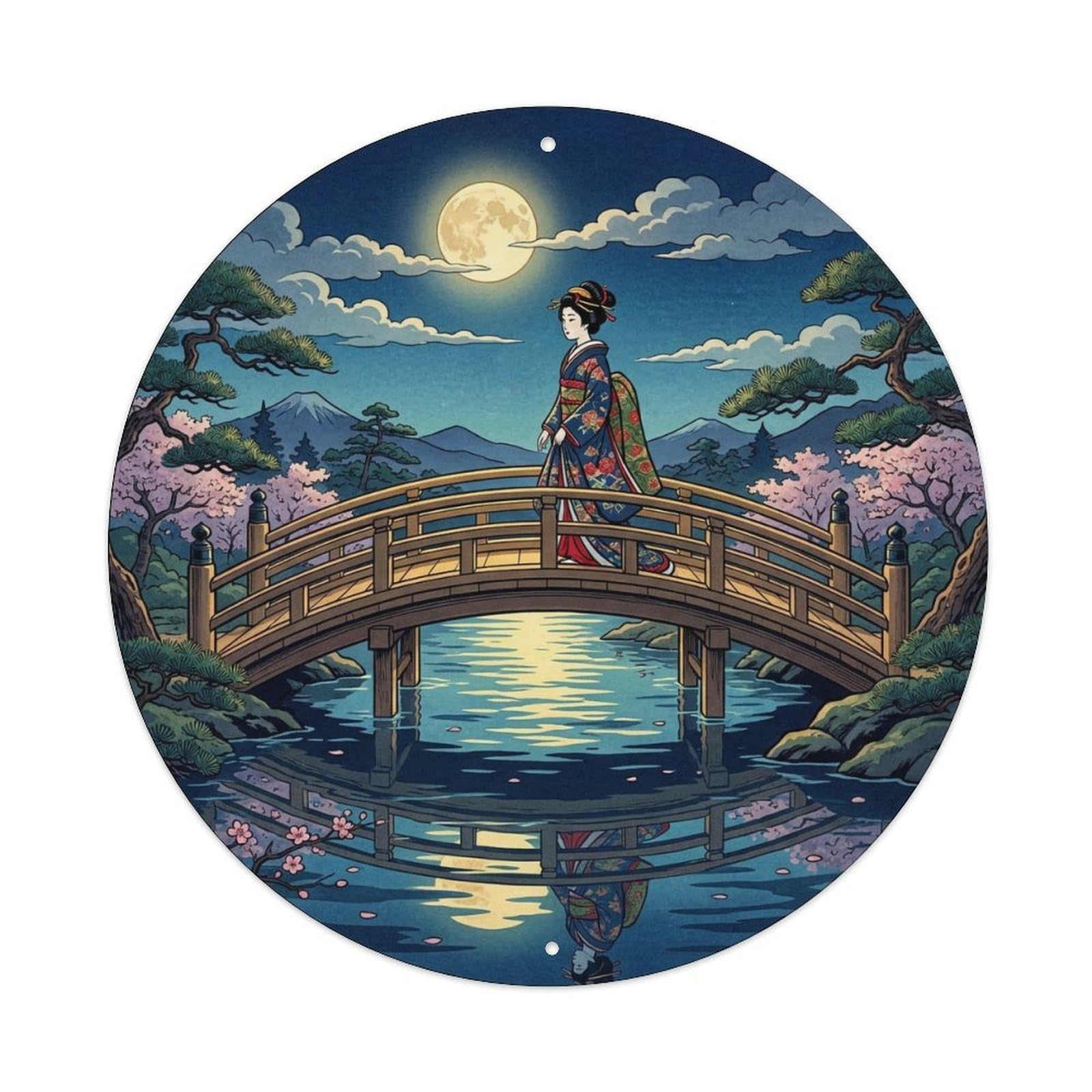 Japanese Geisha Arched Bridge Moonlit Night Crossing Metal Tin Sign