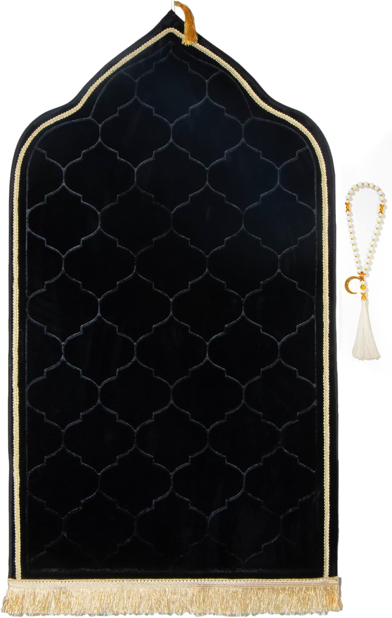 Muslim Prayer Rug with Tasbih Prayer Beads, Soft Memory Foam Prayer Matt Islam, Padded Islamic Prayer Mat Thick for Men and Women, Janamaz, Sajadah (25.6" x 43.3", Black)