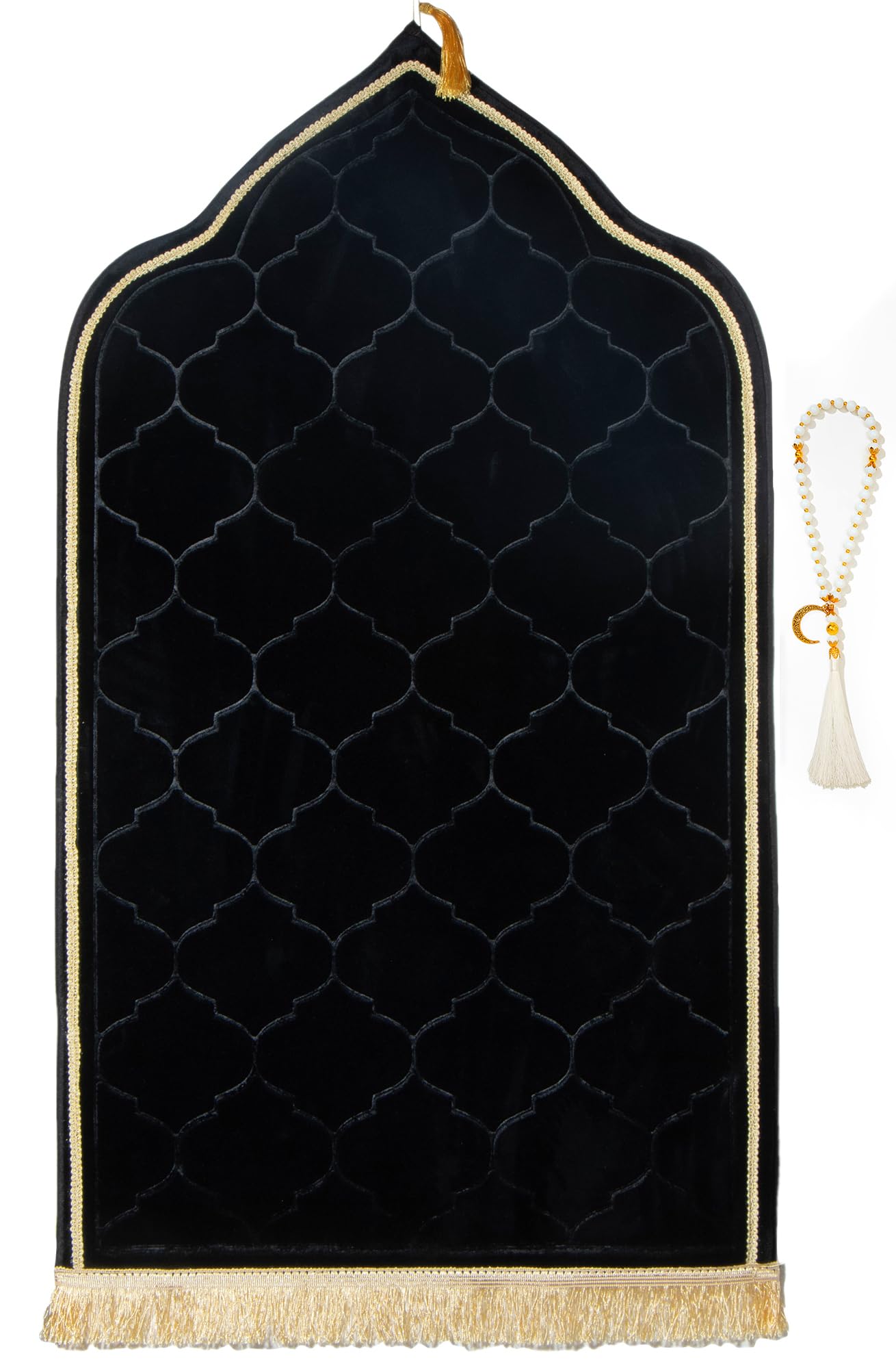 YAZEIN Muslim Prayer Rug with Tasbih Prayer Beads, Soft Memory Foam Prayer Matt Islam, Padded Islamic Prayer Mat Thick for Men and Women, Janamaz, Sajadah (25.6" x 43.3", Black)