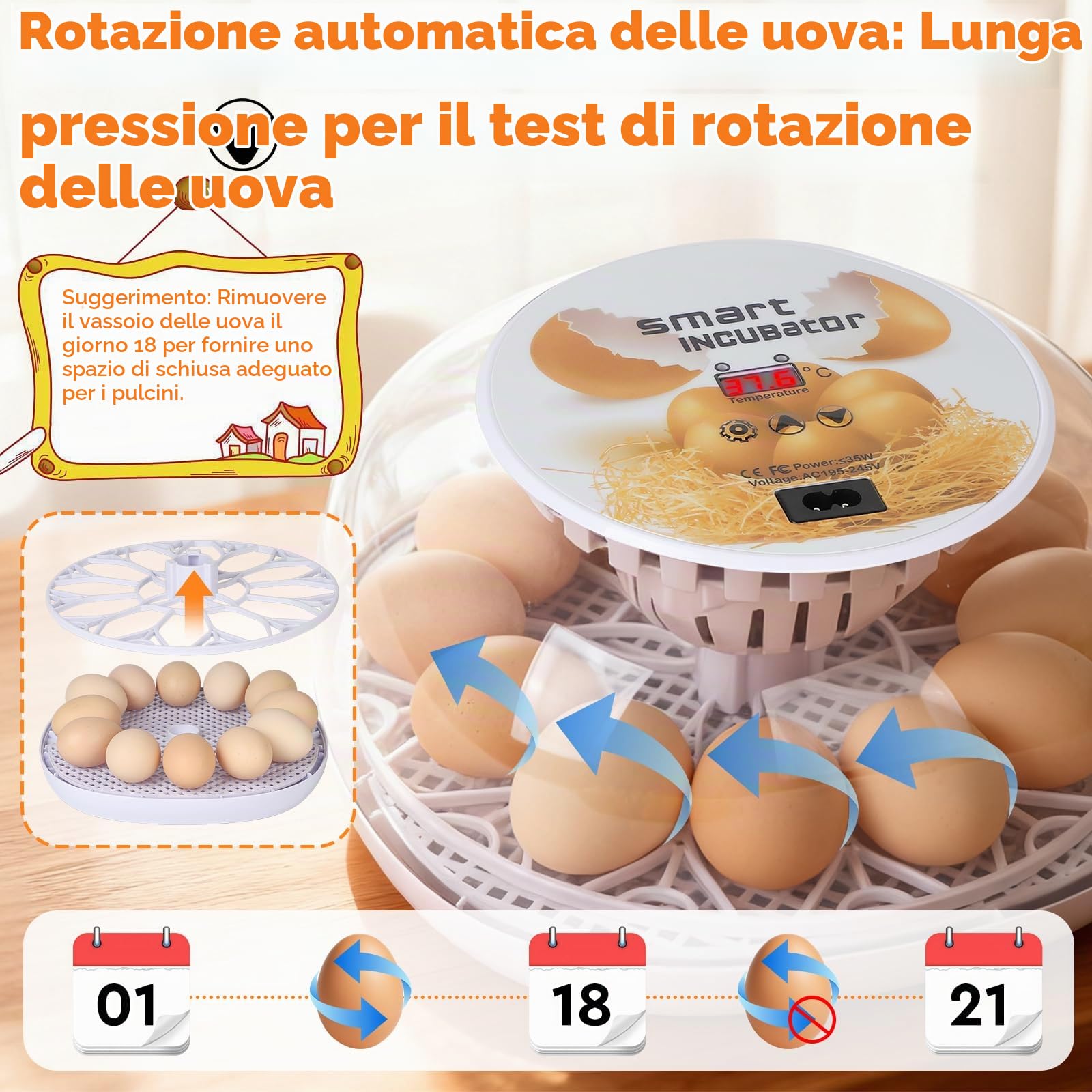 EFUTURETIME Incubatrice Automatica per Uova di Gallina, Incubatrice per Un Massimo di 12 Uova con Giraggio Automatico, Regolazione della Temperatura e Aggiunta dell'Umidità