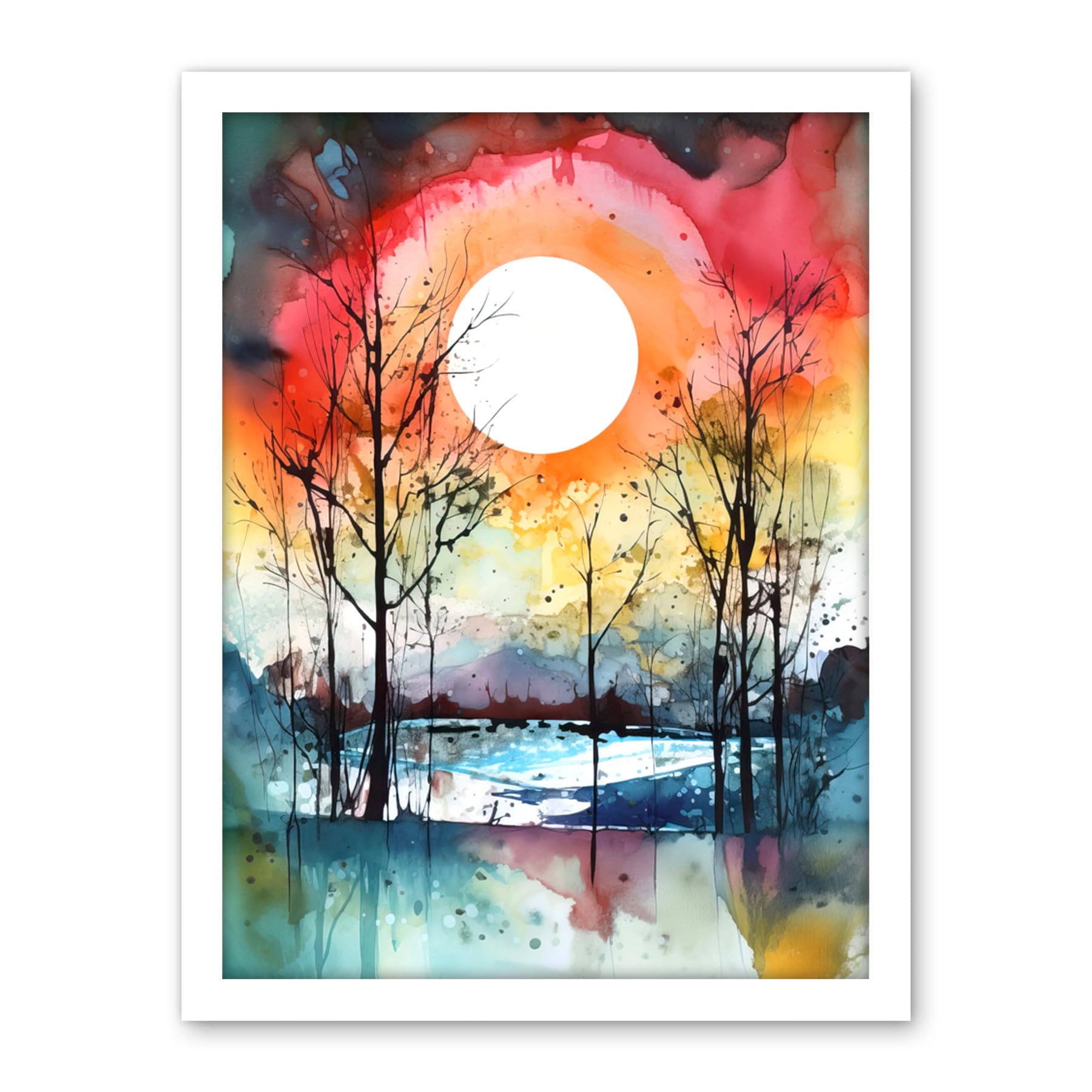Artery8 Abstract Sunset Landscape Watercolour Painting Countryside Lake Autumn Trees Artwork Framed Wall Art Print 18X24 Inch